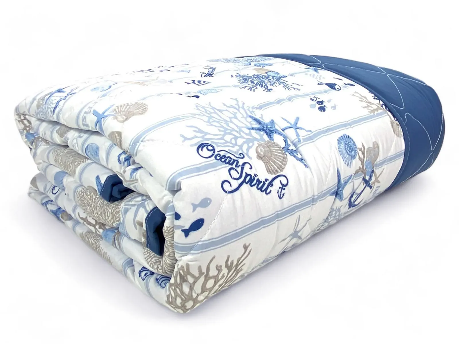 Текстильне покривало з бантом Tex family, море, корали та мушлі зі смугастою основою, двоспальне, фото №1