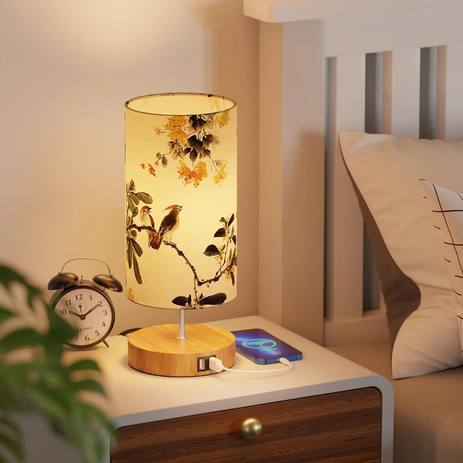 Настільна лампа GPATIO Bedside Lamp сенсорна з 2 USB-портами малюнок Птахи, фото №5