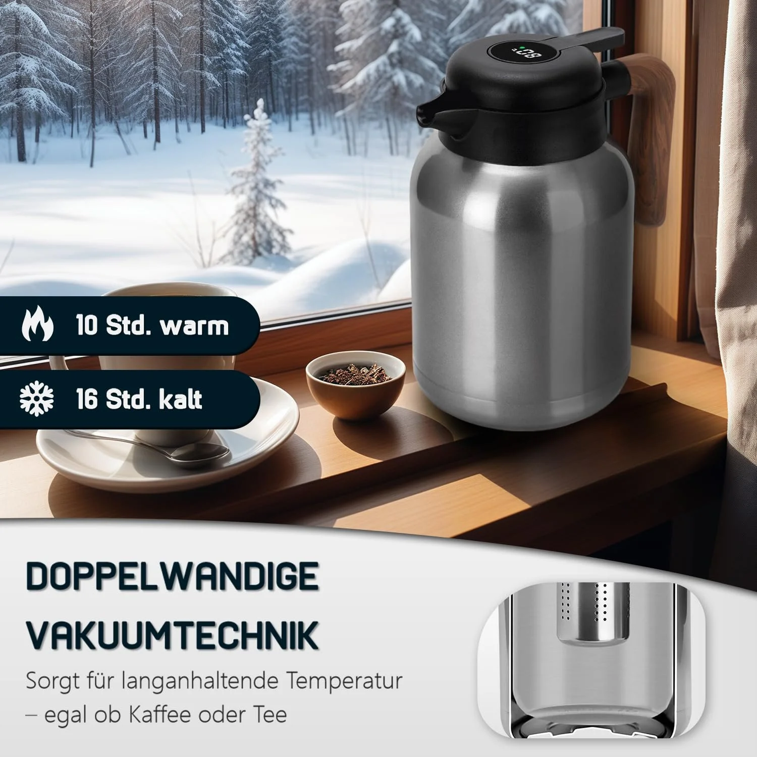 Термос-кавник VETIN 1.5 л, з подвійними стінками з нержавіючої сталі 304, з дисплеєм температури, фото №2 Термос-кавник VETIN 1.5 л, з подвійними стінками з нержавіючої сталі 304, з дисплеєм температури, фото №2