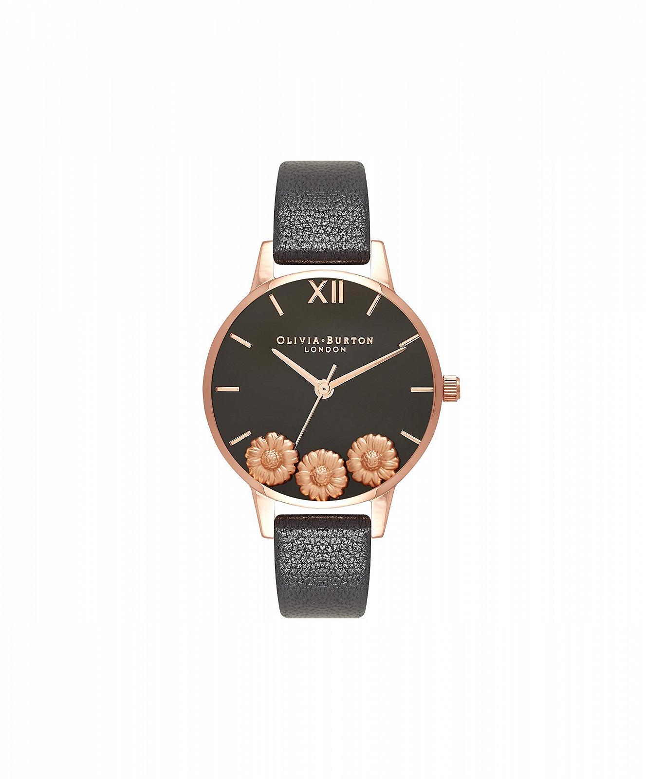 Жіночий аналоговий годинник Olivia Burton Vintage Floral OB16CH05, чорний шкіряний ремінець, чорний та рожеве золото, візерунок "Вінтажний квітковий", фото №1