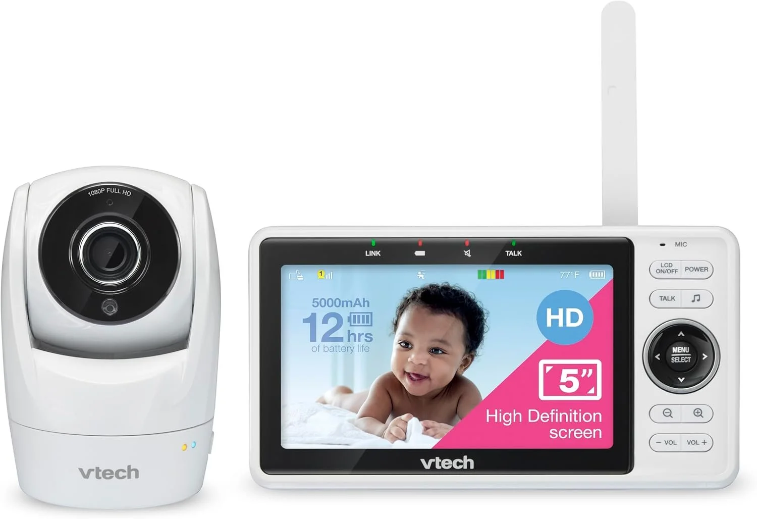 Умная детская радионяня Vtech VM901-1W / 5'' / ЖК-дисплей 1080p / 120° / ночное видение / дистанционное управление / двусторонняя связь работает с iOS и Android / WiFi / Белый, фото №1