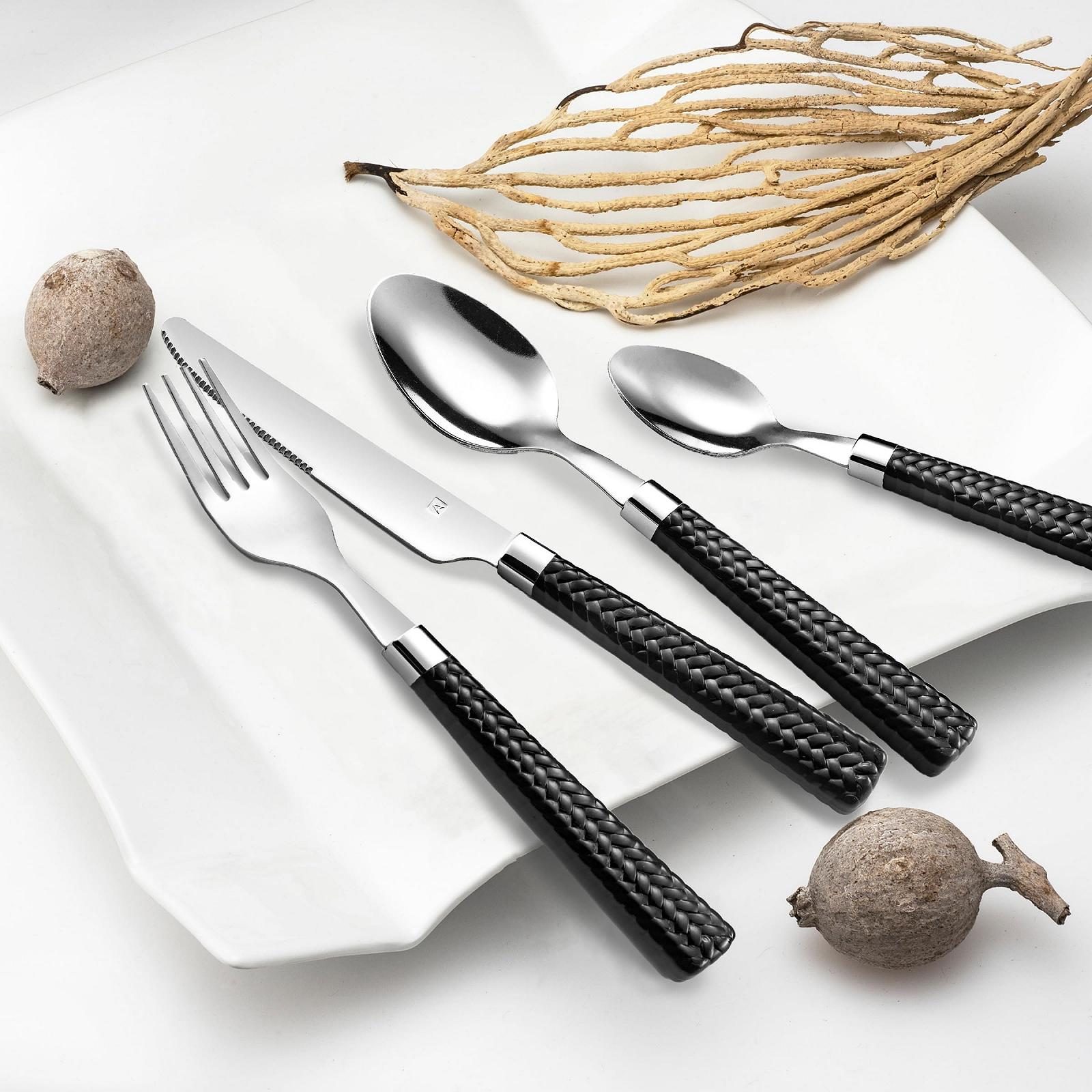 Набор столовых приборов Amefa PAILLE на 6 персон, набор столовых приборов 24 предмета, черные ручки с плетеным дизайном, фото №5