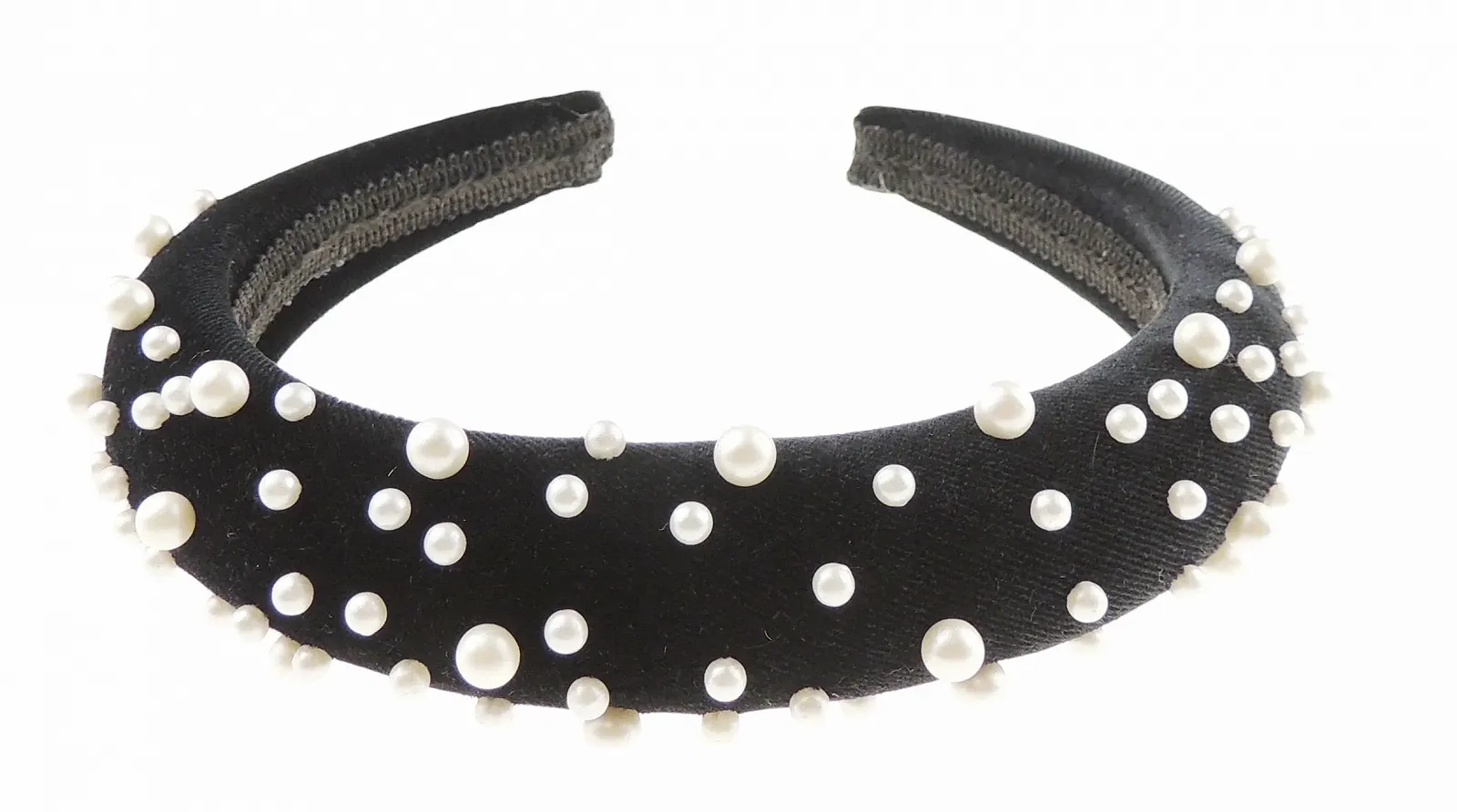 Обруч для волосся Оксамитовий з штучними перлами Чорний, фото №1