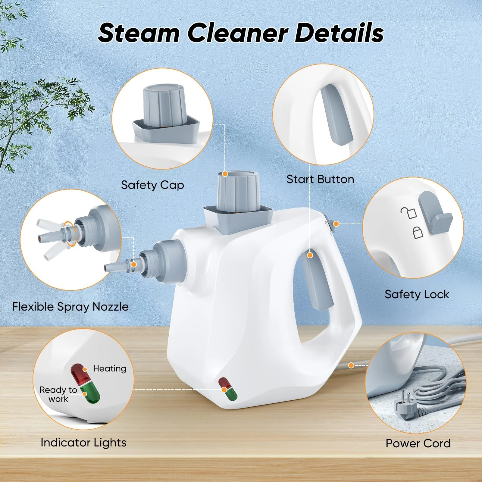 Пароочисник ручний 1000 W 3.2 Bar з 11 насадками, фото №3