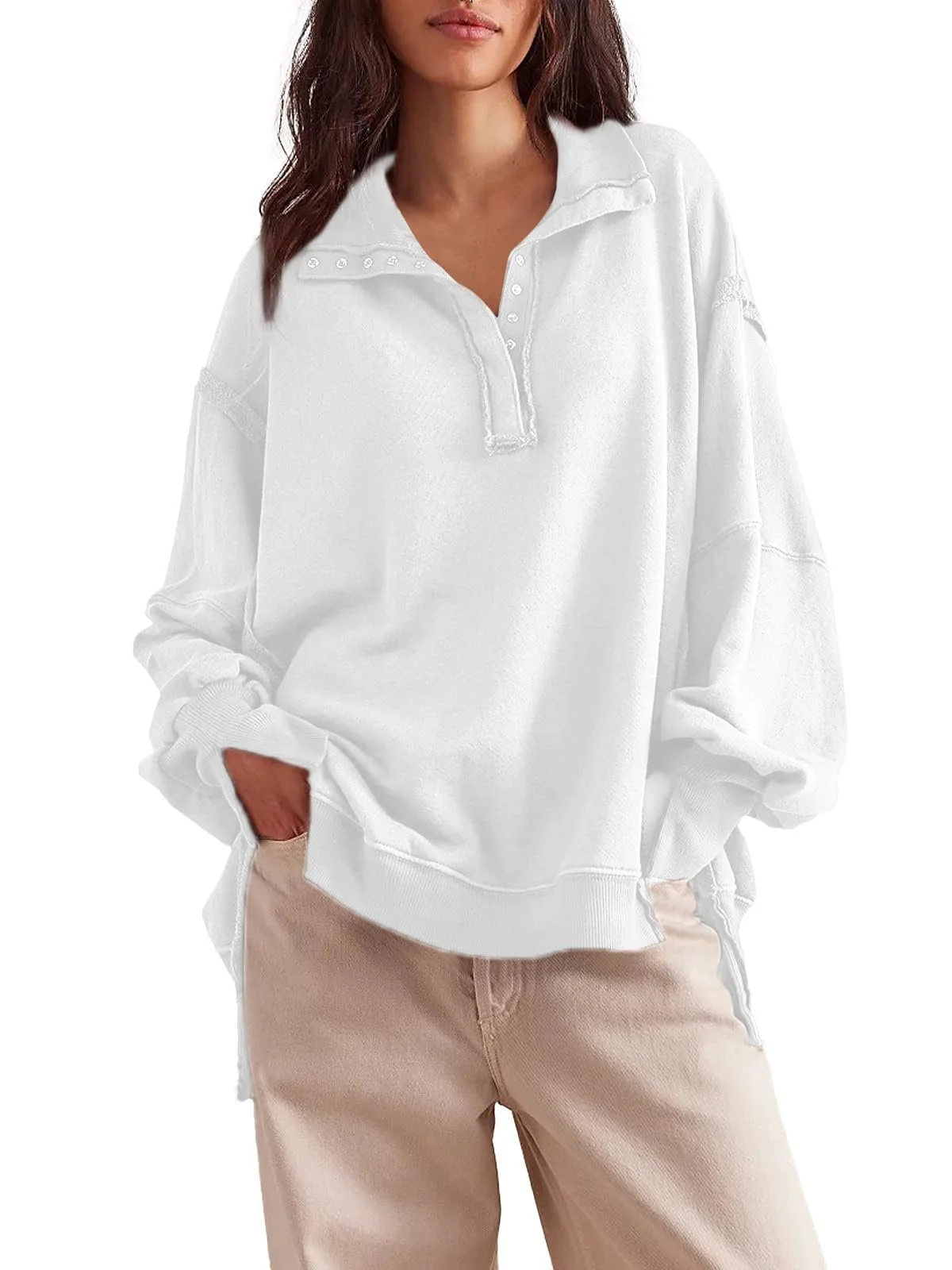 Женский свитшот Zadoreck Oversized Casual Свободный Пуловер Henley Пуговица Высокий вырез Низкая посадка Осень Зима, фото №1