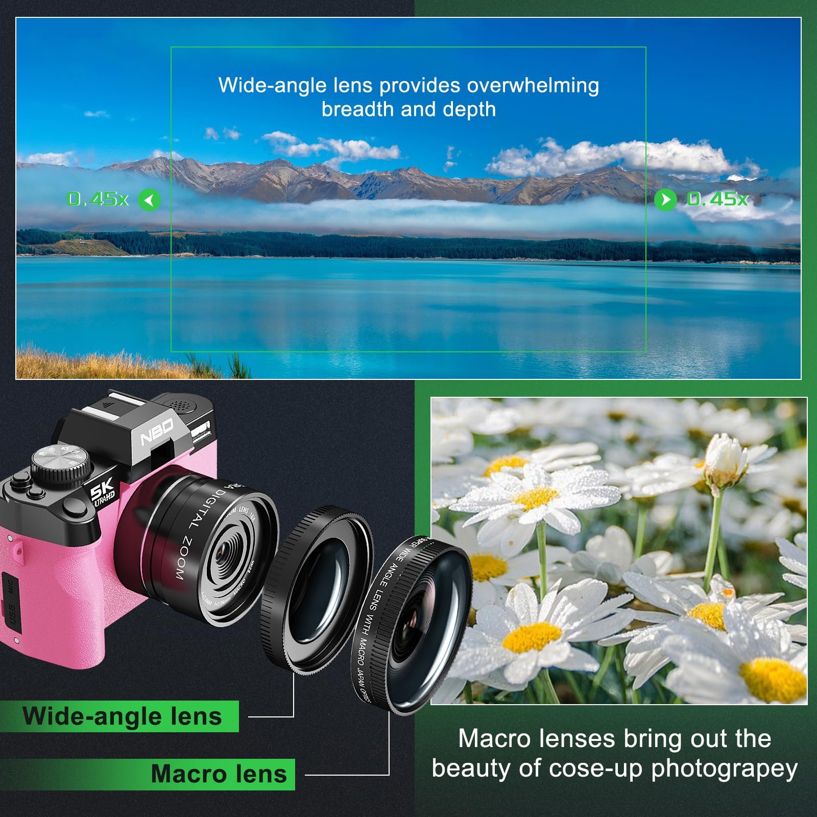 Фотокамера цифрова NBD 5K 48MP з автофокусом та 16-кратним зумом, 3-дюймовий 180

Складаний дисплей, WiFi - в комплекті ширококутний/макрооб'єктив + 2 батареї (карта 32 ГБ + мікрофон) Рожевий, фото №4