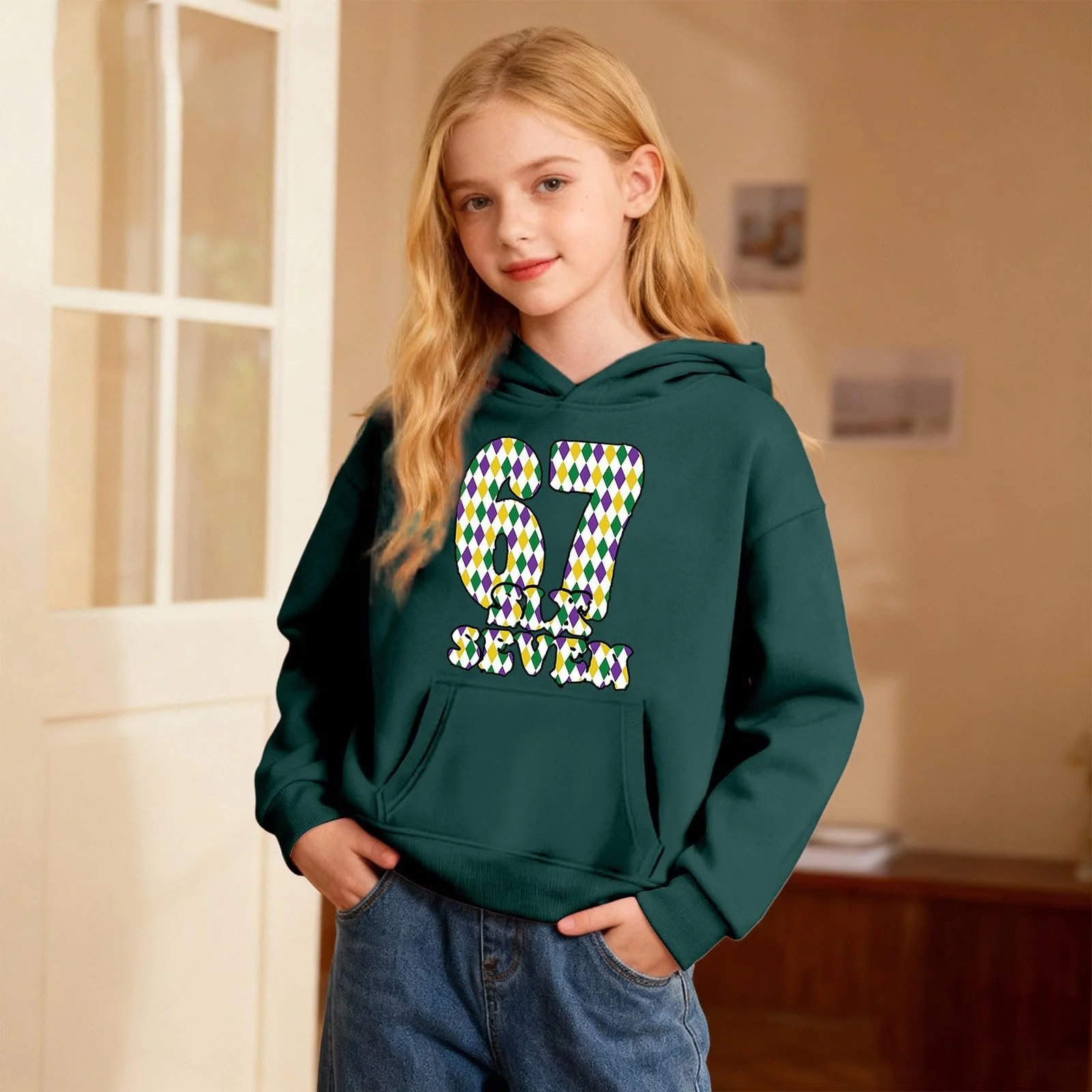 Худи 67 с карнавальным узором для мальчиков и девочек, мягкий флисовый пуловер с карманами для игр, фото №3