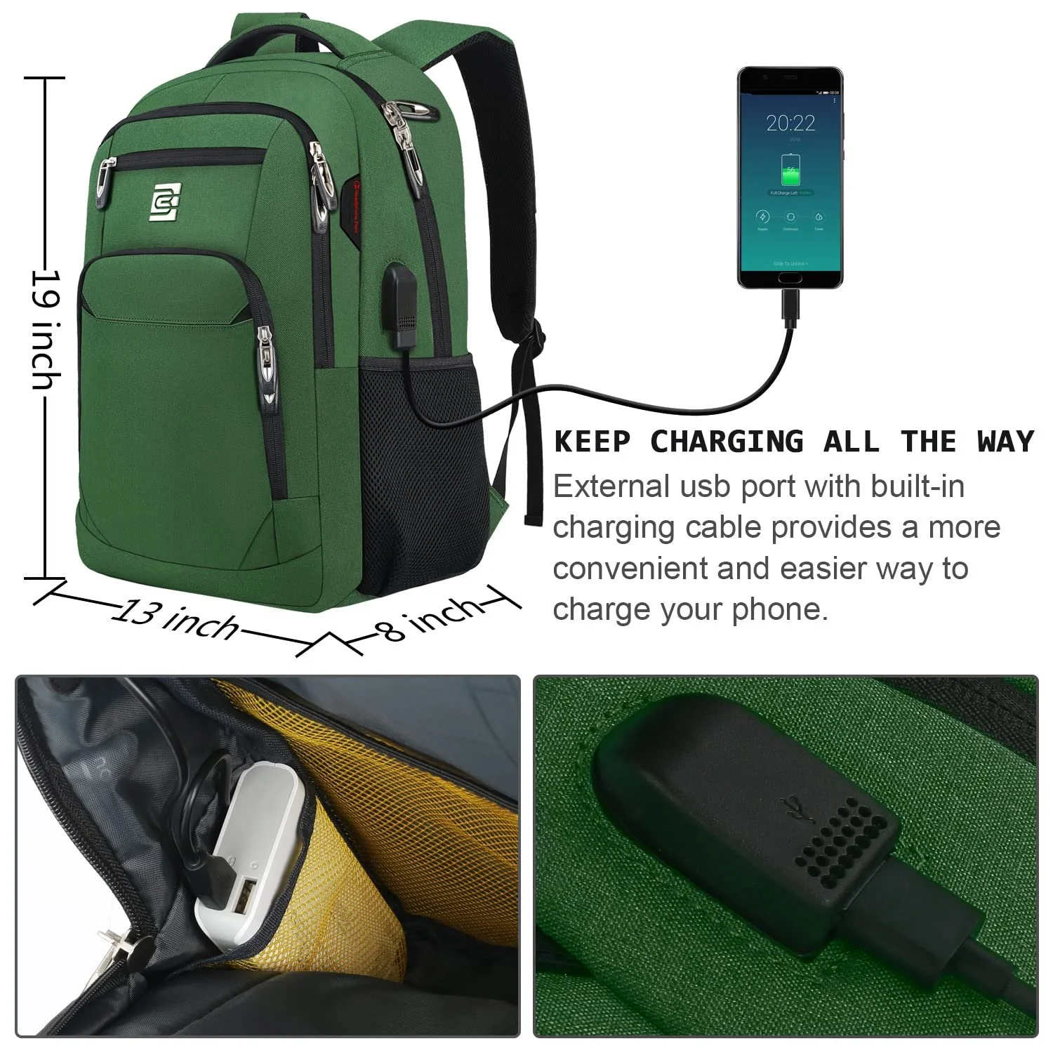 Рюкзак для ноутбука marcello USB Charging Port Anti-Theft Bag Зелений (military green), фото №2 Рюкзак для ноутбука marcello USB Charging Port Anti-Theft Bag Зелений (military green), фото №2