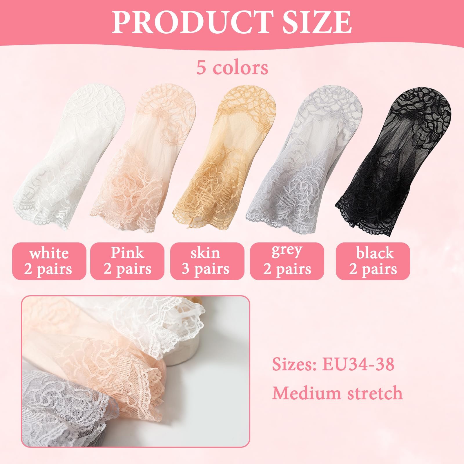 Женские носки с рюшами, Белый/Серый/Розовый/Черный/Телесный цвет, фото №2