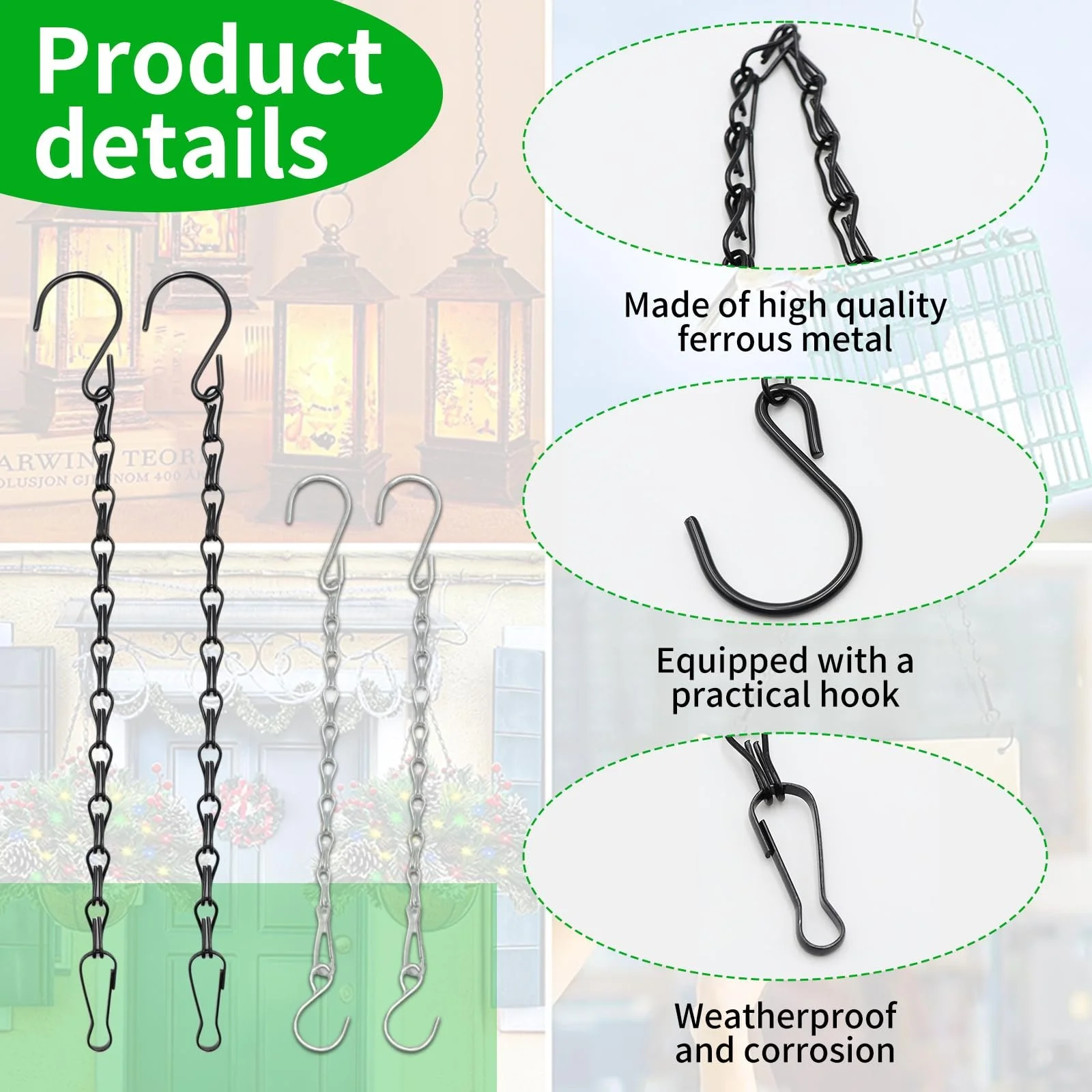 Ланцюги для підвісних кошиків із гачками 50 см 4 шт чорні металеві, фото №3