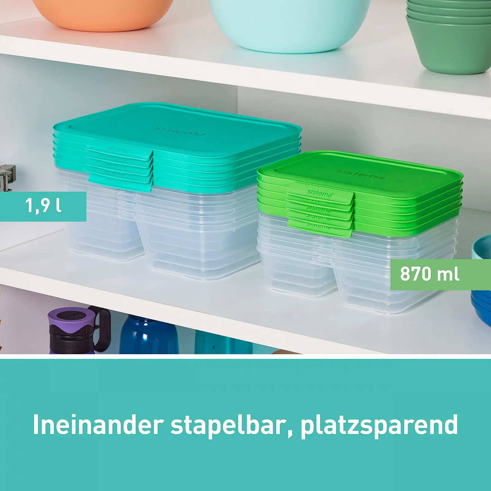 Контейнери для зберігання їжі Sistema Nest IT 1.9 л набір 5 шт з трьома відділеннями та кришками, зелені, фото №3 Контейнери для зберігання їжі Sistema Nest IT 1.9 л набір 5 шт з трьома відділеннями та кришками, зелені, фото №3