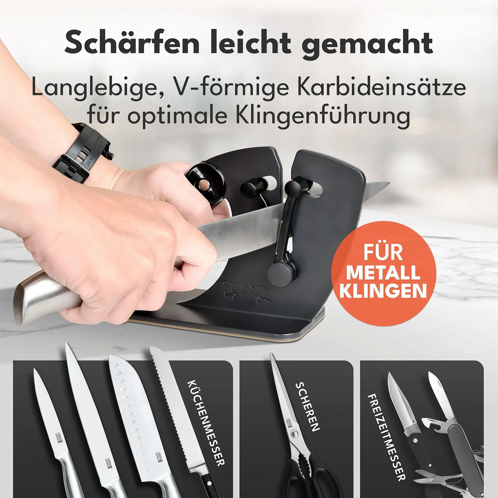 Точилка для ножів LEBENLANG Professional 15-45 градусів, рухоме V-подібне лезо, грубе та тонке заточування, для ножиць Чорний матовий, фото №2