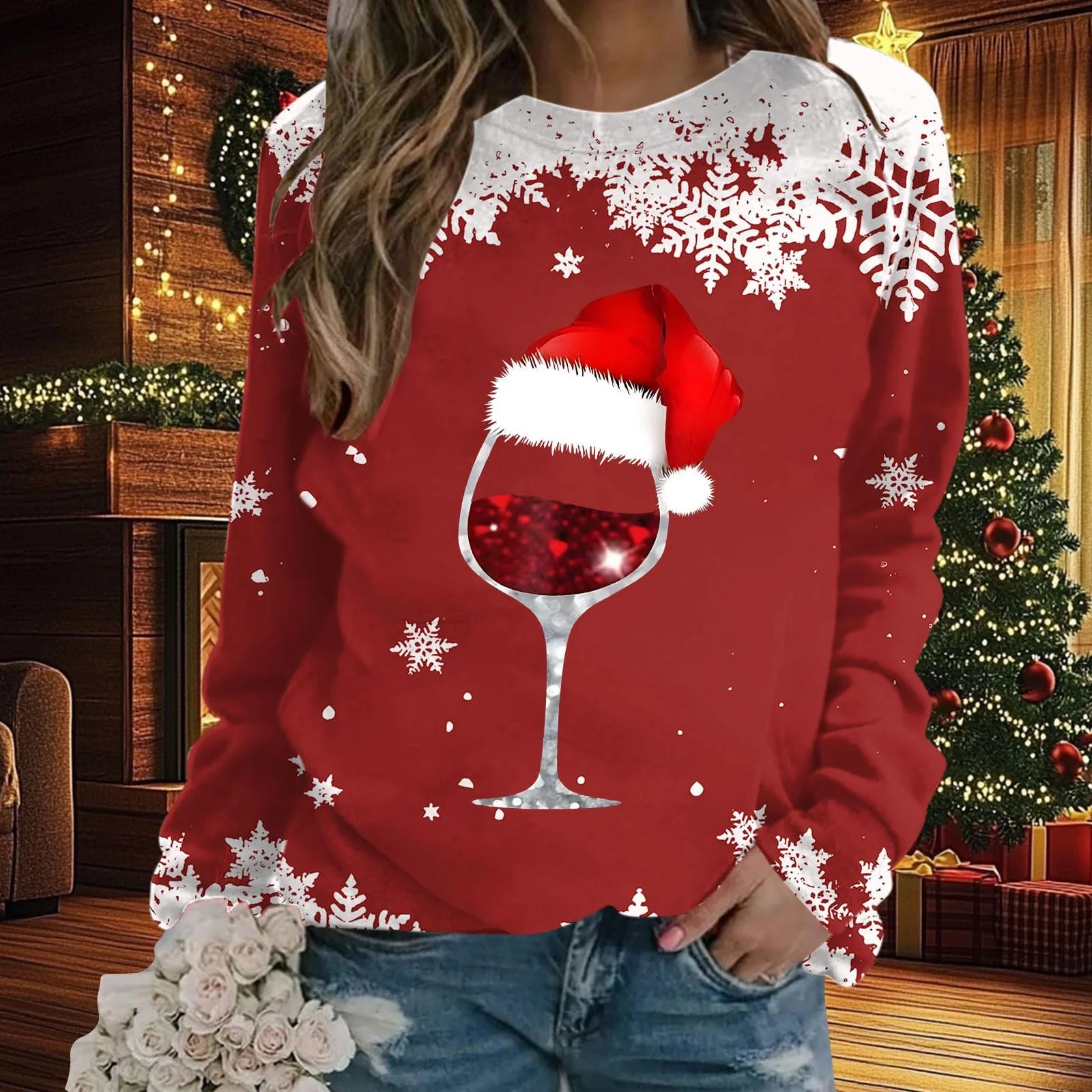 Рождественский джемпер tsaChick Женская кофта с длинными рукавами Рождественский мотив Снежинка Винный бокал, фото №2