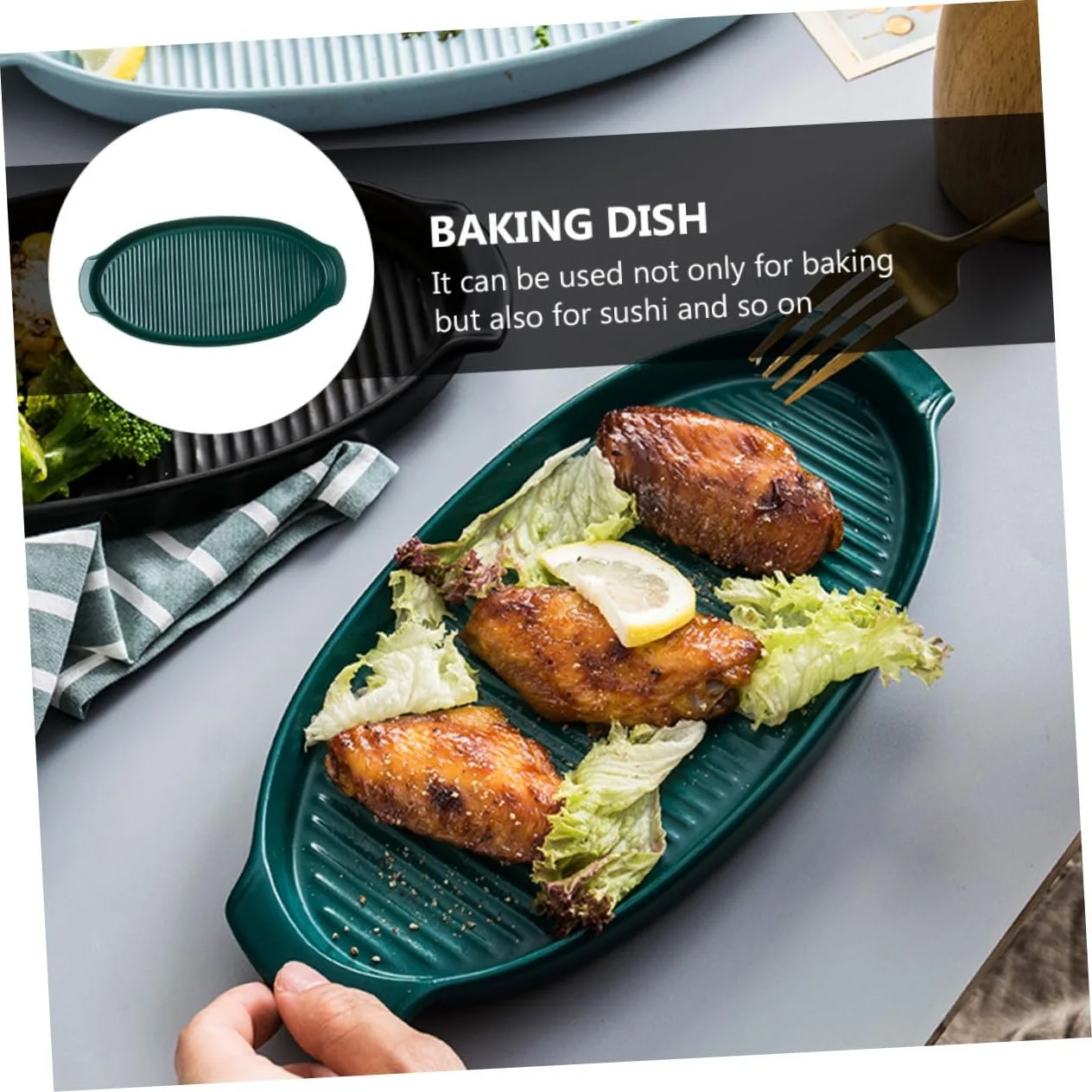 Форма для запікання SECFOU керамічна овальна з ручками термостійка темно-зелена, фото №7