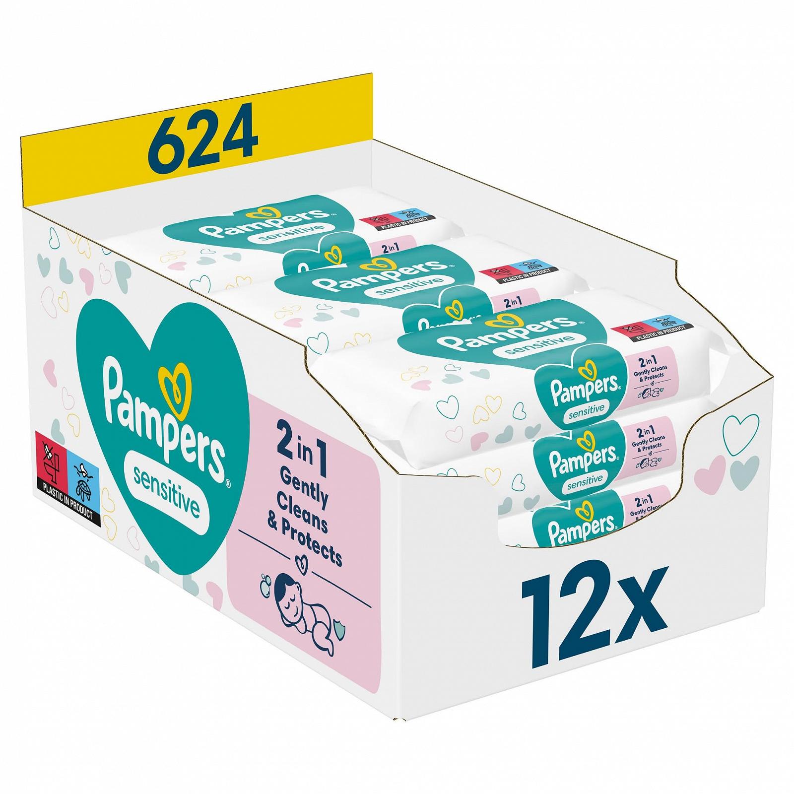 Вологі серветки Pampers Sensitive 624 шт (12 x 52) Без запаху для ніжного та м'якого очищення, фото №1