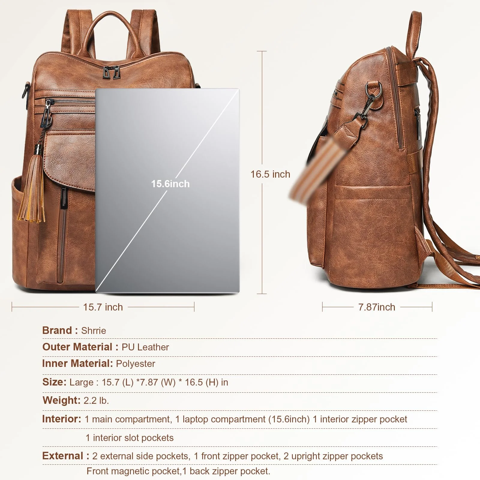 Рюкзак для ноутбука Shrrie 15.6 Inch Leather Carry On Water Resistant Two Tone Brown, фото №3 Рюкзак для ноутбука Shrrie 15.6 Inch Leather Carry On Water Resistant Two Tone Brown, фото №3