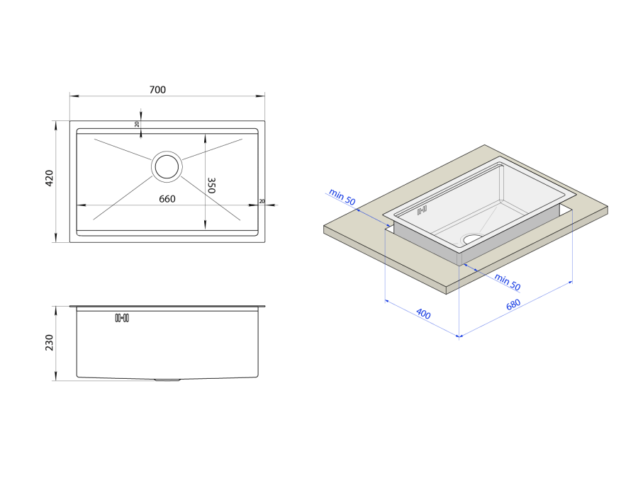 Біла мийка на кухню під стільницю 1 мм з нержавійки Nett NW-7042, фото №5