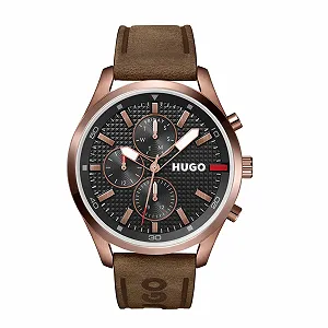 Мужские кварцевые часы HUGO Multi Dial Collection Chase с коричневым кожаным ремешком - 1530162, коричневый, Minimalist - Фото 1