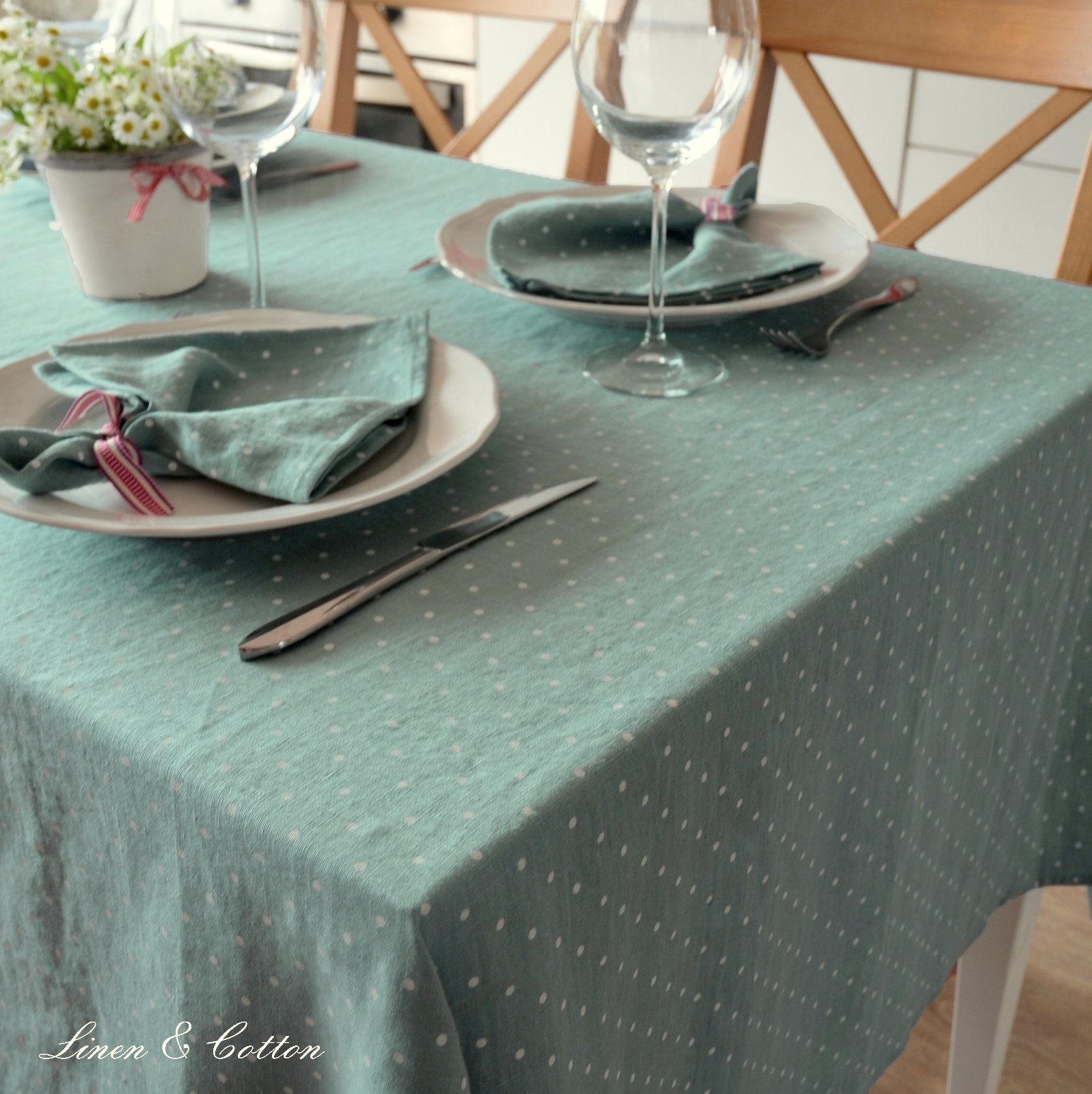 Скатертина Linen & Cotton Antea 137х250 см Лляна Біла / Блакитна, фото №2