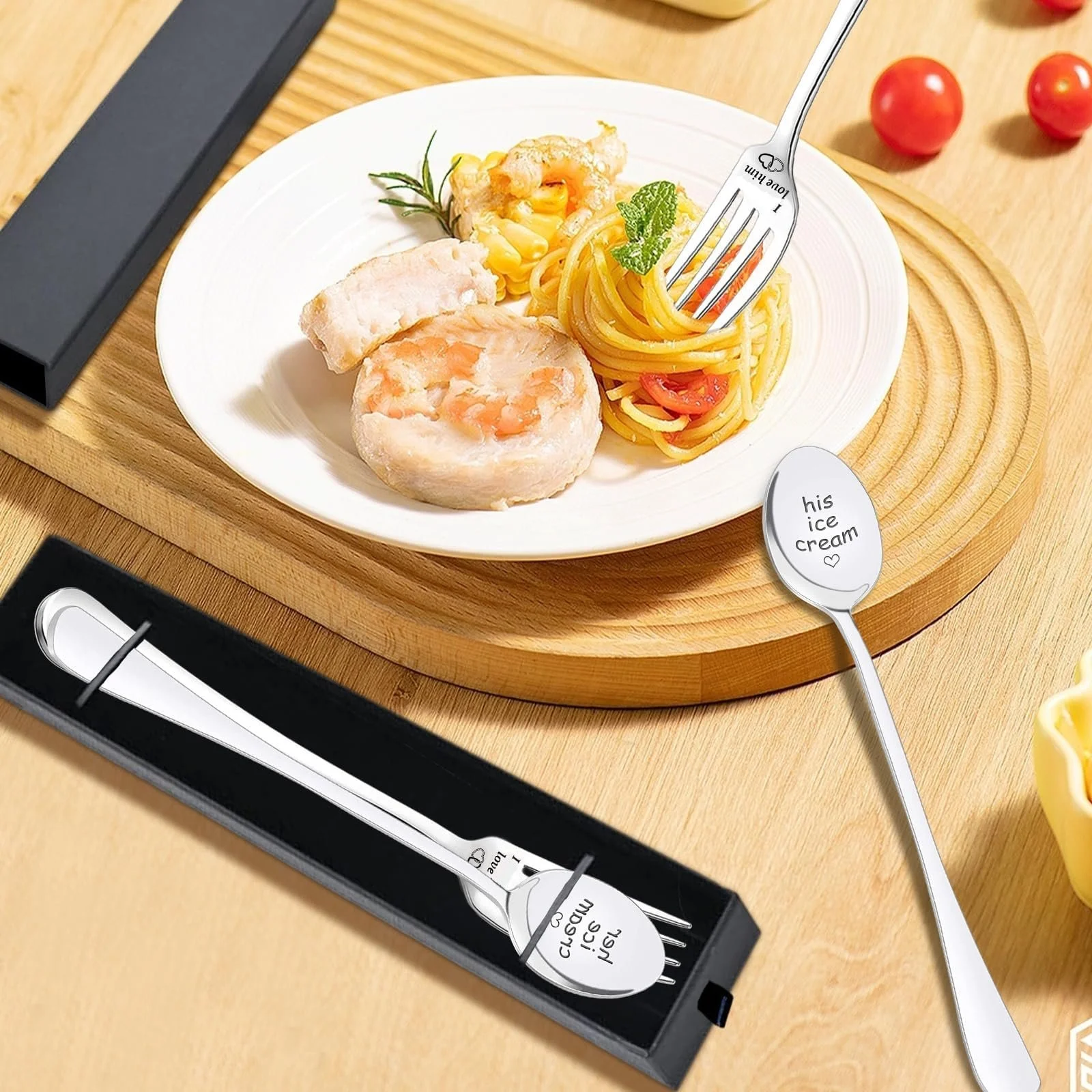 Набор из 6 кофейных ложек ко Дню святого Валентина и гравированной вилки, фото №4