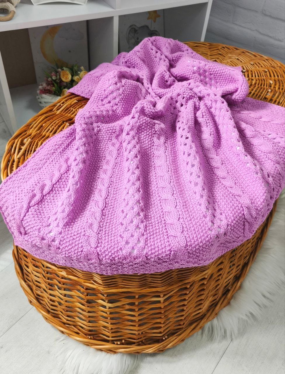 Детский вязаный плед с хлопковой подкладкой, 90 × 90 см, розовый, фото №1