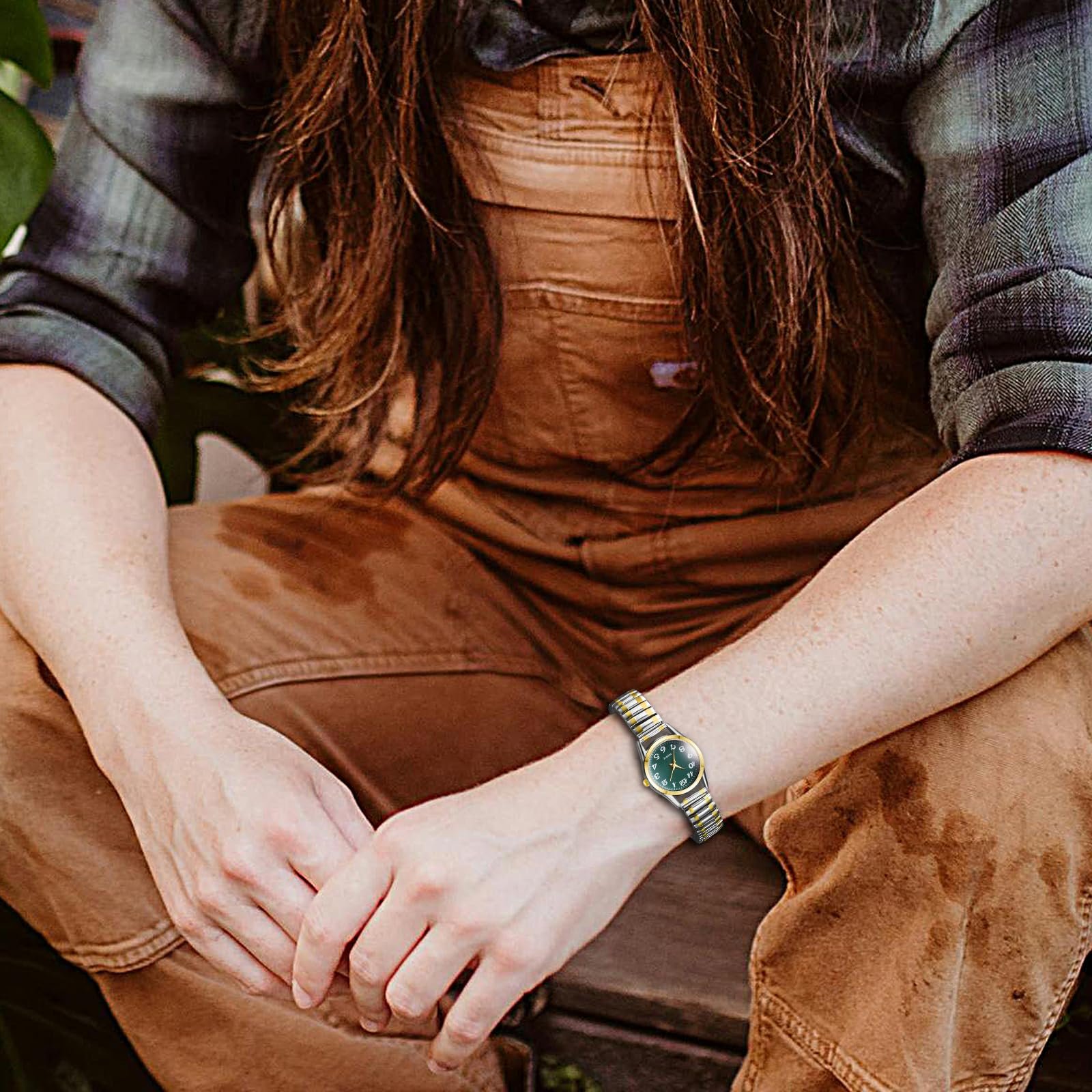 Женские часы Браслет из нержавеющей стали JewelryWe Кварцевые Аналоговые Золотые Серебряные с эластичным браслетом и большими зелеными цифрами, фото №3