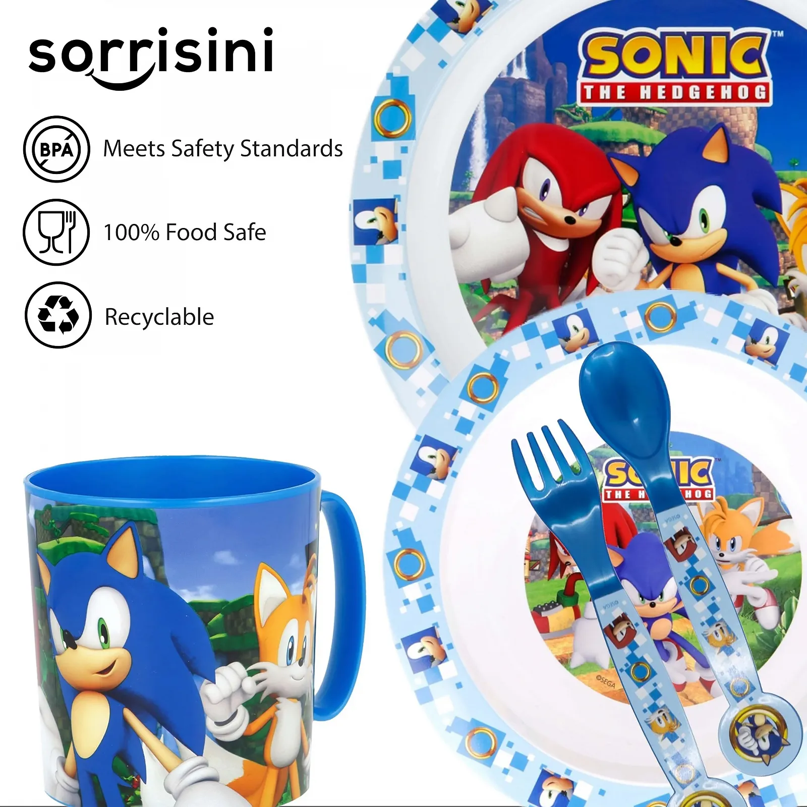 Набор детской посуды Sorrisini Sonic: тарелка, миска для каши, чашка 350 мл, детские столовые приборы, фото №5 Набор детской посуды Sorrisini Sonic: тарелка, миска для каши, чашка 350 мл, детские столовые приборы, фото №5