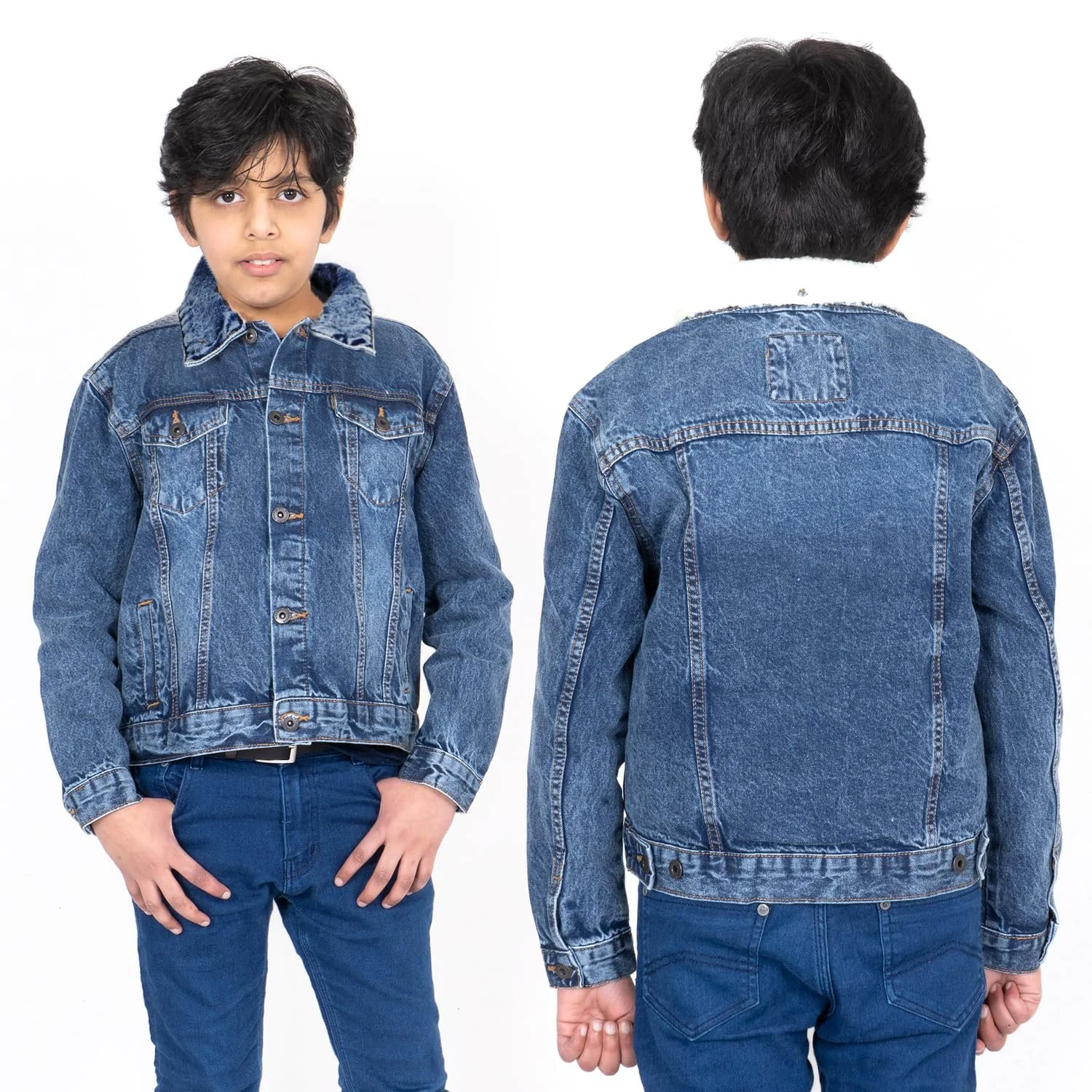 Джинсова куртка NOROZE для хлопчиків зі знімним коміром шерпа, класична, фото №1