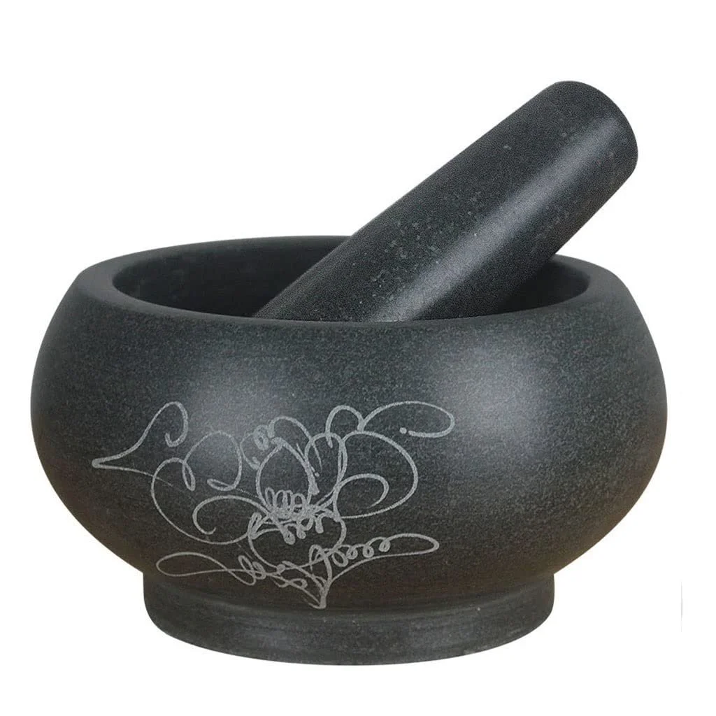 Ступка з натурального каменю з візерунком ручної роботи для подрібнення часнику, спецій, пасти, песто і гуакамоле, фото №1