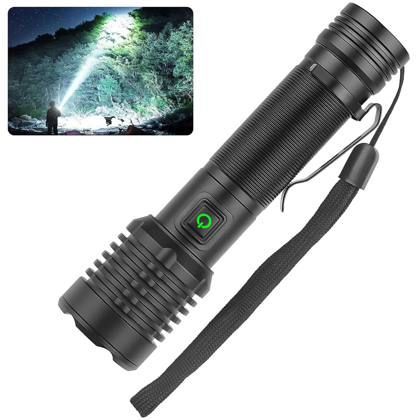 Перезаряджуваний LED ліхтар 2000 люмен тактичний надяскравий з Type-C зарядкою для кемпінгу та походів, фото №1