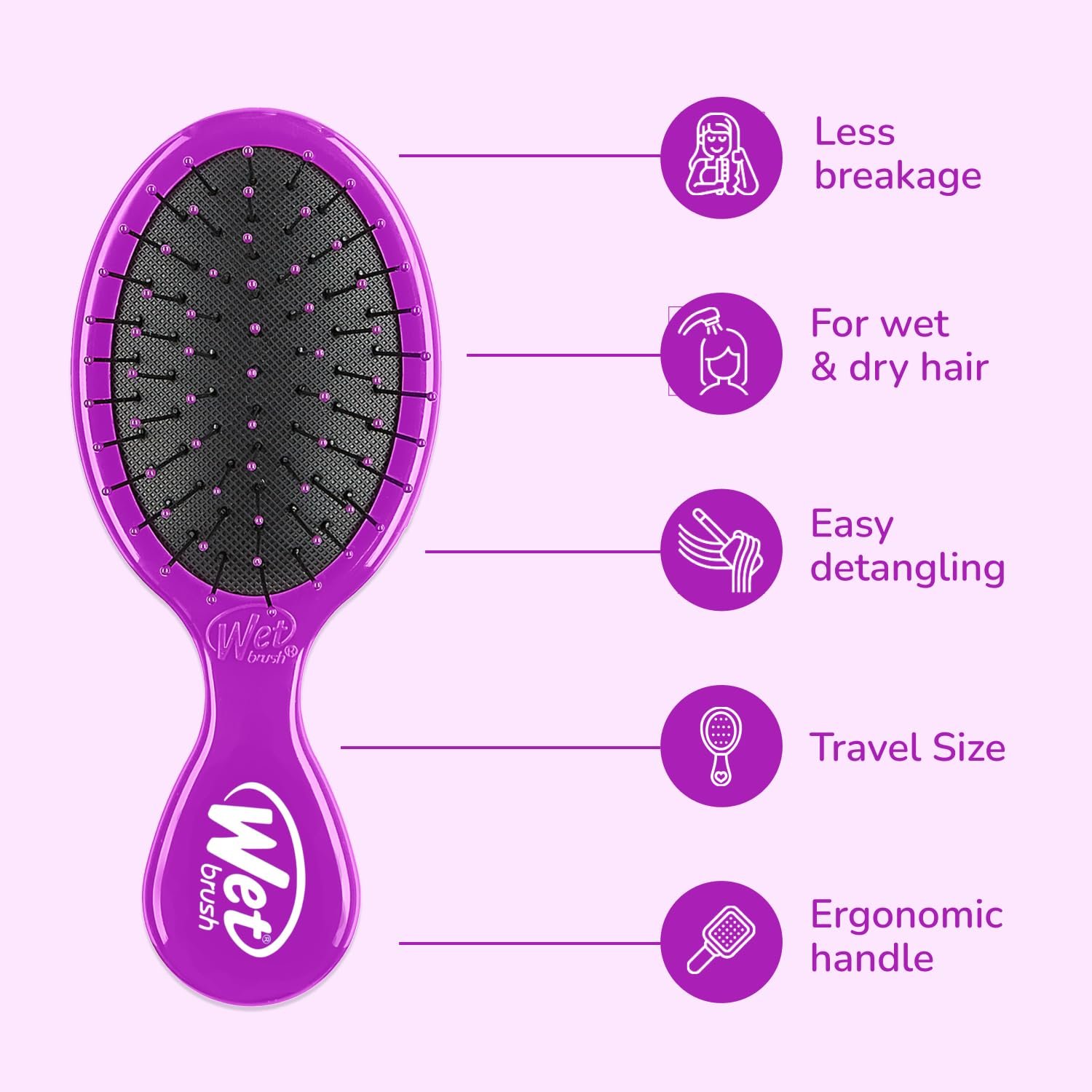 Щітка для волосся Wet Brush Mini Detangler Solid Print з м'якою щетиною IntelliFlex, міні дорожня щітка для всіх типів волосся - фіолетовий, фото №4