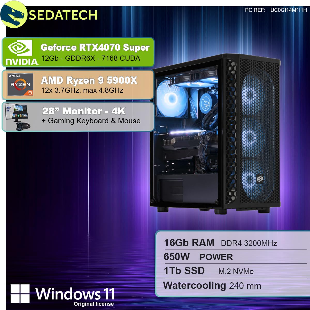 Комплектація Sedatech Advanced Gaming ПК AMD Ryzen 9 5900X RTX4070 Super 16 ГБ RAM 1TB SSD M.2 Win 11 Монітор 28 дюймів, фото №2