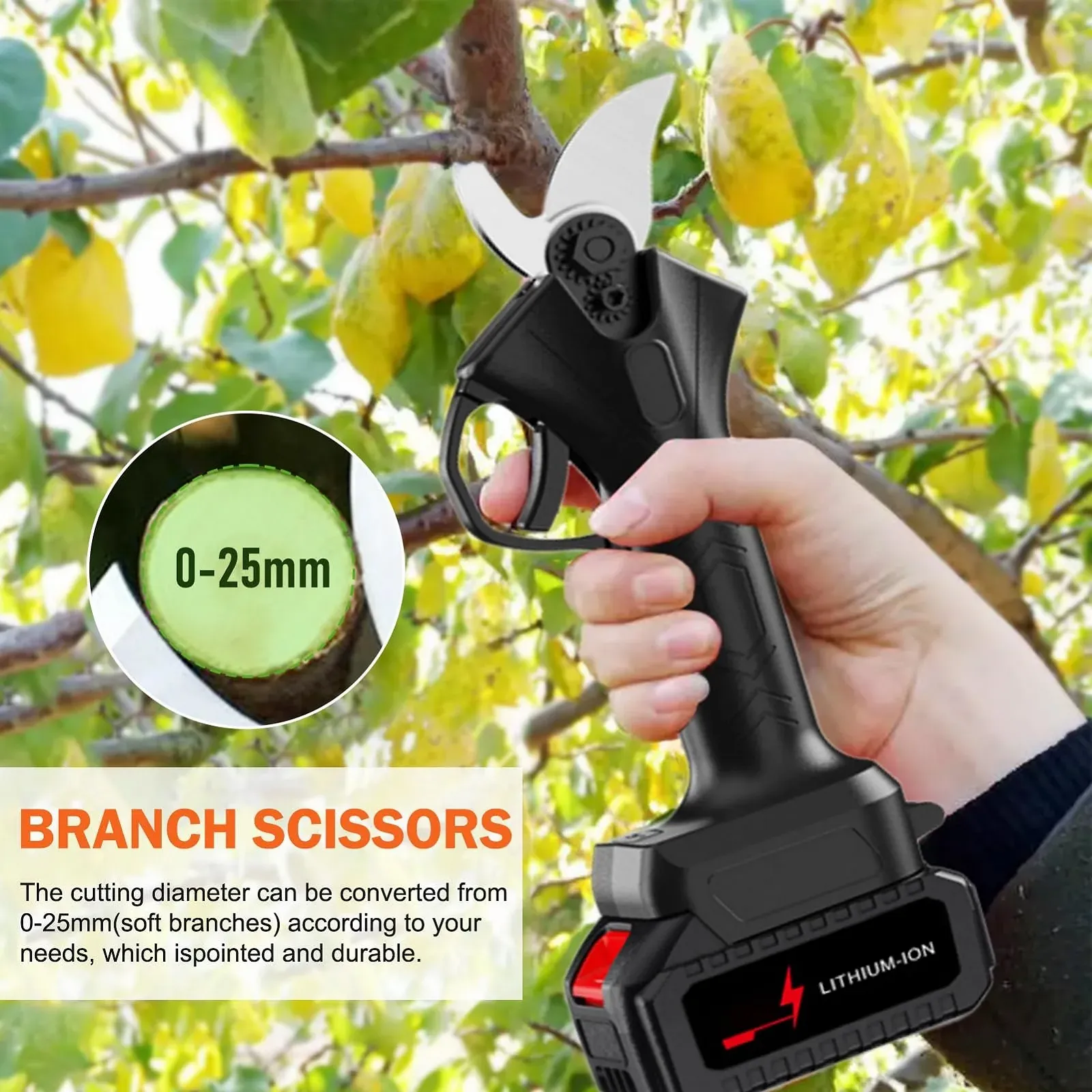 Акумуляторний секатор, професійний електричний секатор з батареями 2000 mAh, бездротові електричні садові ножиці з діаметром різання 25 мм для саду, гілок та фруктових садів, фото №2
