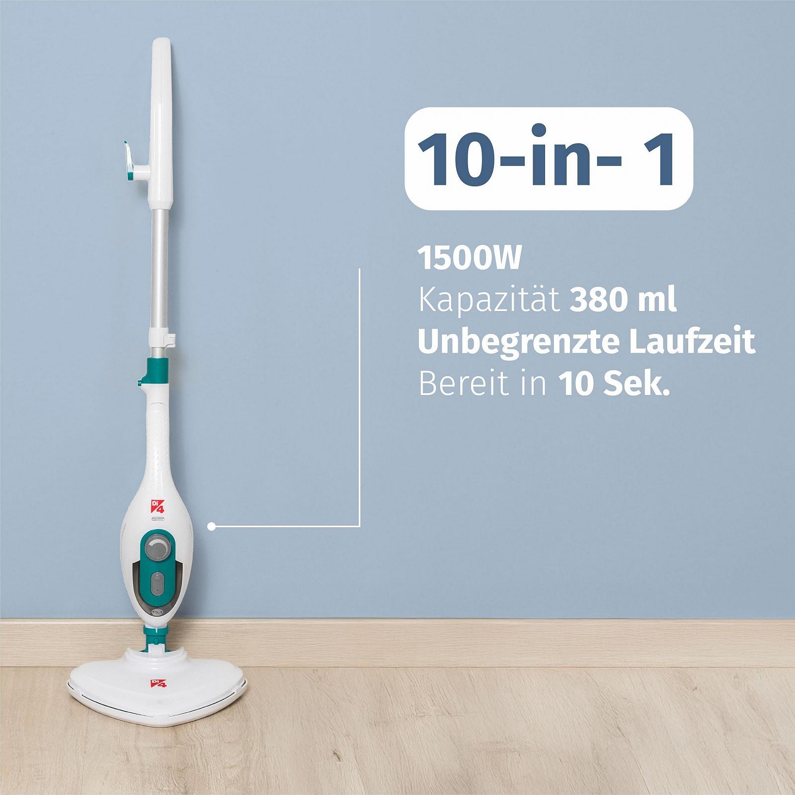 Паровая швабра Di4 Steamclean Multifunction 10-в-1, 1500 Вт, насадки и чехол из микрофибры, экологическая уборка, фото №3