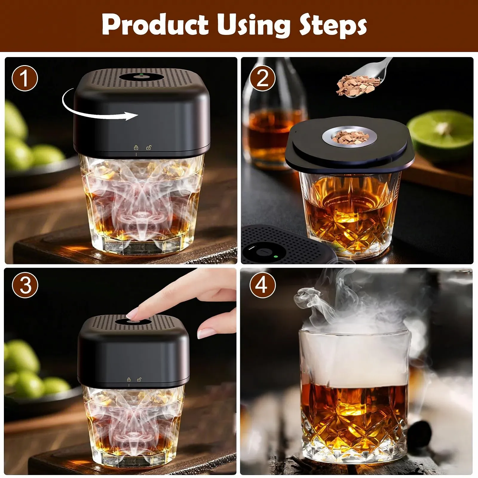 Электрический набор для копчения коктейлей Smoker Set, с 6 деревянными щепками для виски, напитков, бурбона, фото №4 Электрический набор для копчения коктейлей Smoker Set, с 6 деревянными щепками для виски, напитков, бурбона, фото №4