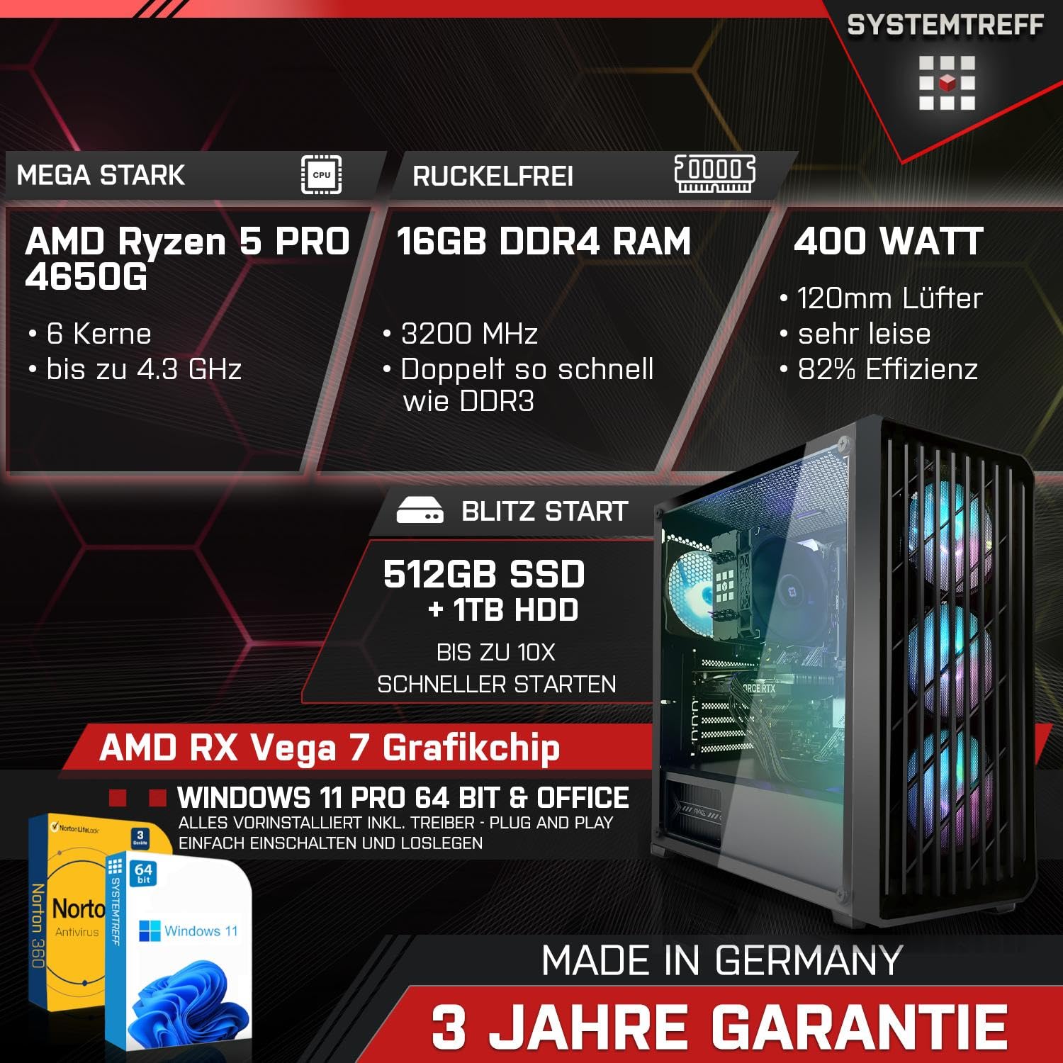 Системний блок SYSTEMTREFF Basic Gaming PC AMD Ryzen 5 PRO 4650G 6x4.2GHz AMD RX Vega 7 4K HDMI DX12 512GB SSD + 1TB HDD 16GB DDR4 RAM WLAN для геймерів, фото №2