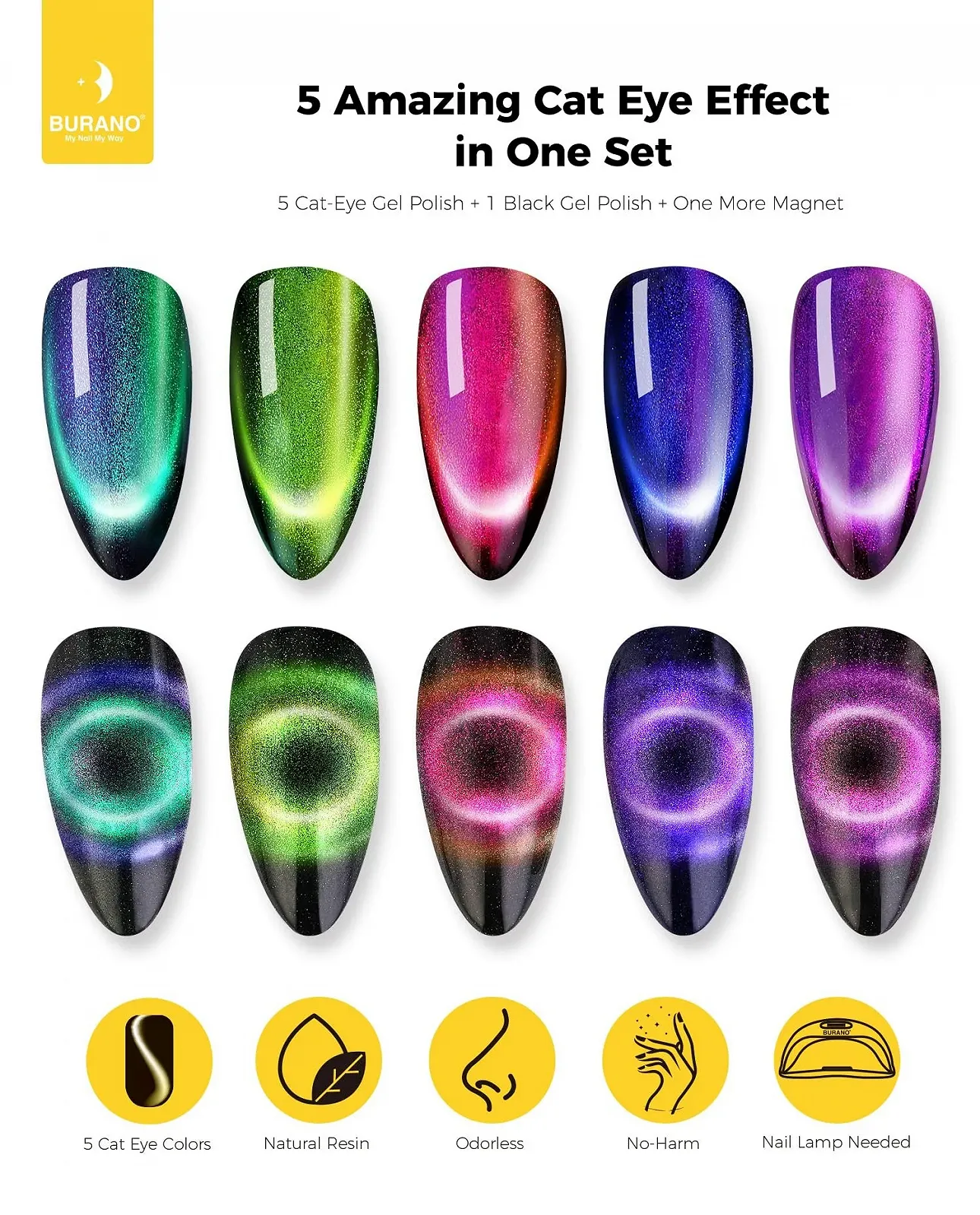 Гель-лак для нігтів 9D котяче око BURANO Набір магнітних УФ-лаків 6 кольорів, фото №4