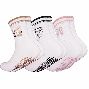 Носки для пилатеса Kaempe, нескользящие носки для женщин с пупырышками, 3 пары носков-стопперов, женские носки для йоги с милыми узорами, нескользящие носки, спортивные носки для йоги, балета, фитнеса - Фото 1