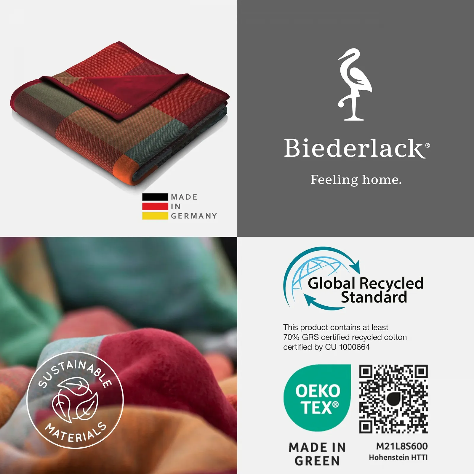 Одеяло Biederlack Мягкое, хлопковое, в клетку, 150 x 200 см, разноцветное, фото №7