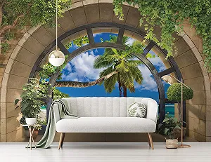 Фотообои 11554 VEXXL 3D Окно Пляж Море Пальмы 312 x 219 см 3 Панели Флизелиновые synthetic.ua - Фото 1