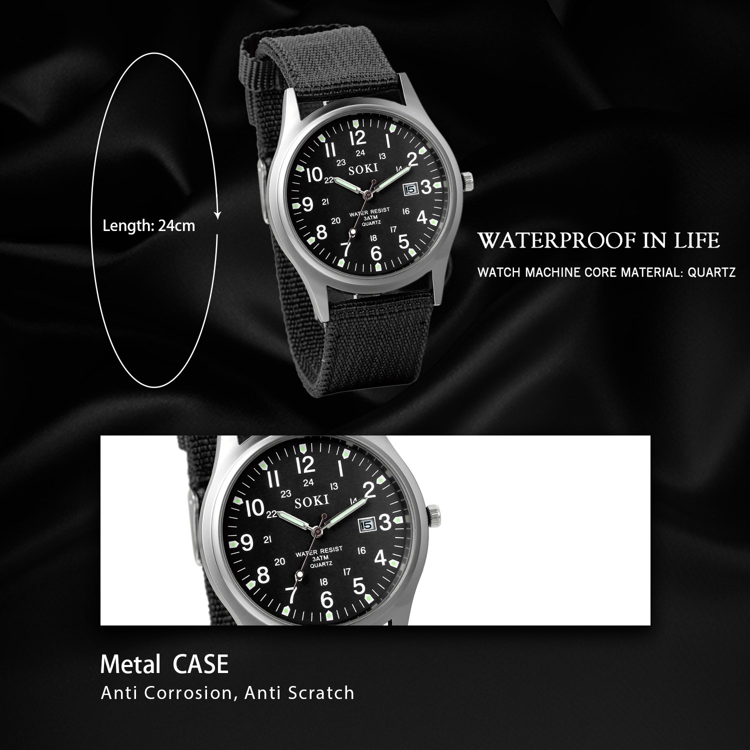 Годинник Avaner Чоловічий Тактичний Військовий Водонепроникний Кварцовий Аналоговий 24-годинні Світні Стрілки Нейлоновий ремінець, фото №5