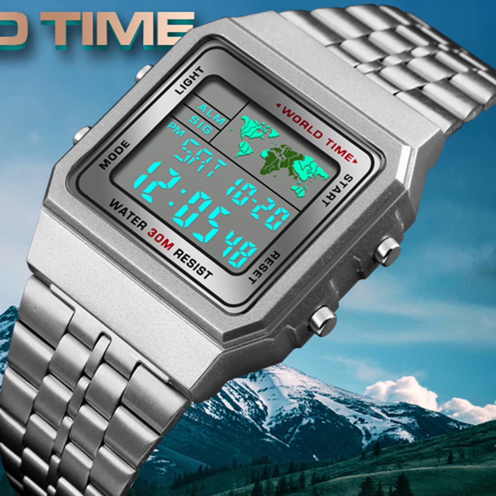 Чоловічий Цифровий Годинник з секундоміром будильником світовий час дата тиждень металевий ремінець для вулиці та бізнесу, фото №7 Чоловічий Цифровий Годинник з секундоміром будильником світовий час дата тиждень металевий ремінець для вулиці та бізнесу, фото №7