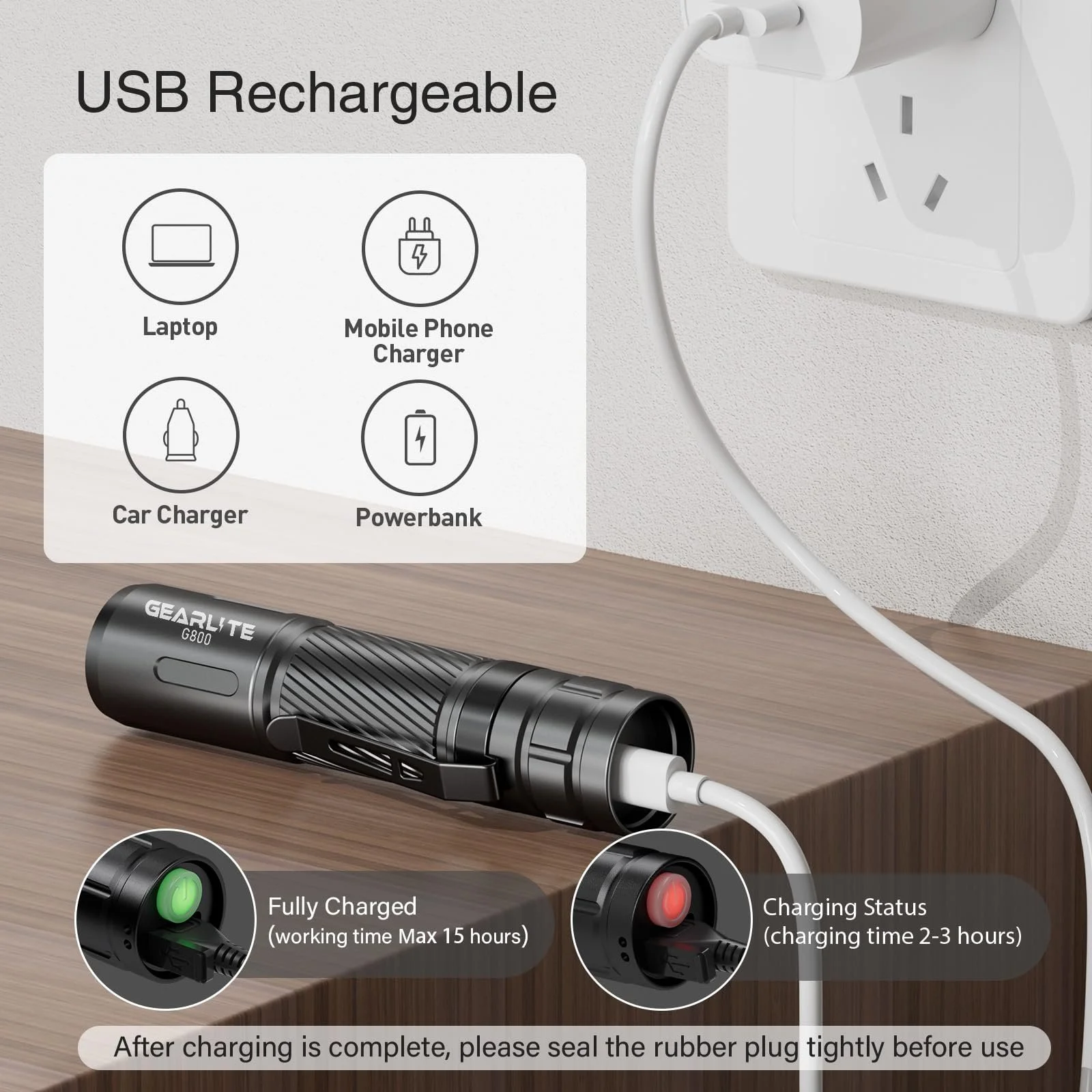 Світлодіодний ліхтар GEARLITE G800, що перезаряджається, надзвичайно яскравий, з можливістю масштабування, 2000 люмен, фото №5