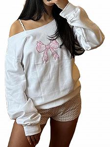 SANSIWU Y2K Женский свитер с графическим принтом бантика с открытыми плечами и длинными рукавами - Фото 1