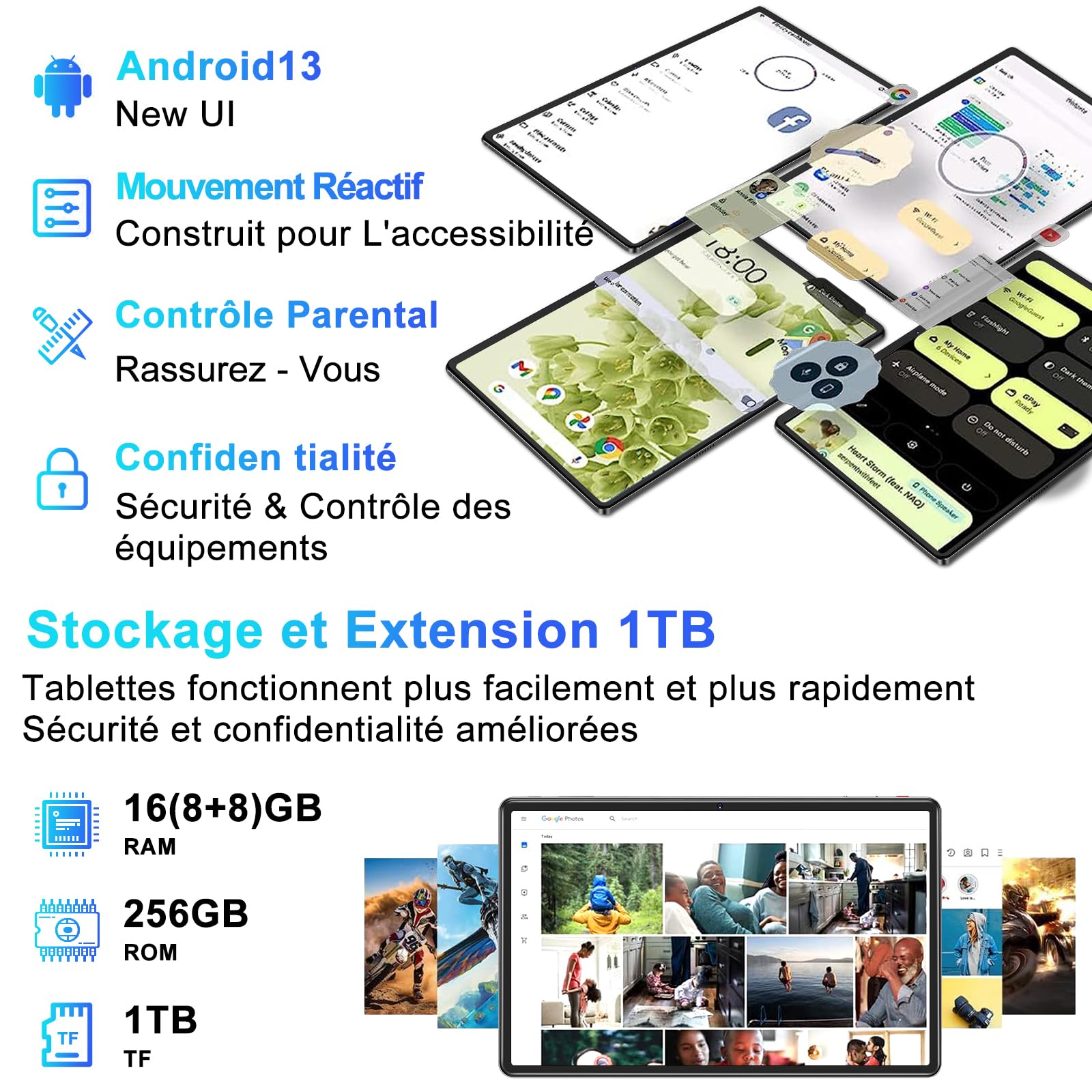 Планшет FACETEL 11-дюймовый Android 13 5G WiFi, GMS сертификация, Octa-Core RAM 16GB ROM 256GB TF 1TB | 8600mAh | 2000 x 1200 | 5MP + 13MP, с чехлом, Серый, фото №3