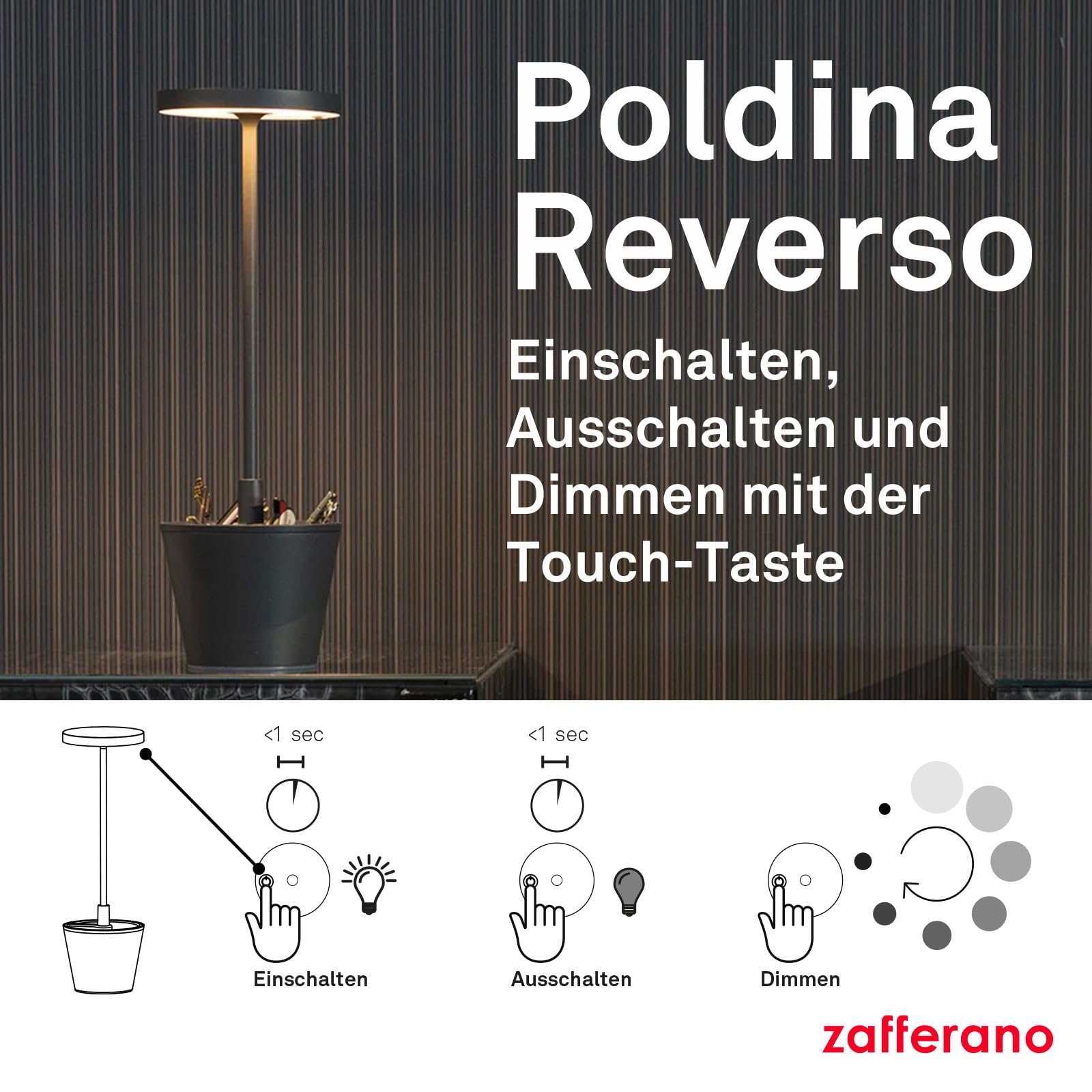 Настільна лампа Zafferano Poldina Reverso LED бездротова акумуляторна регульована сенсорна алюмінієва H35 біла, фото №6