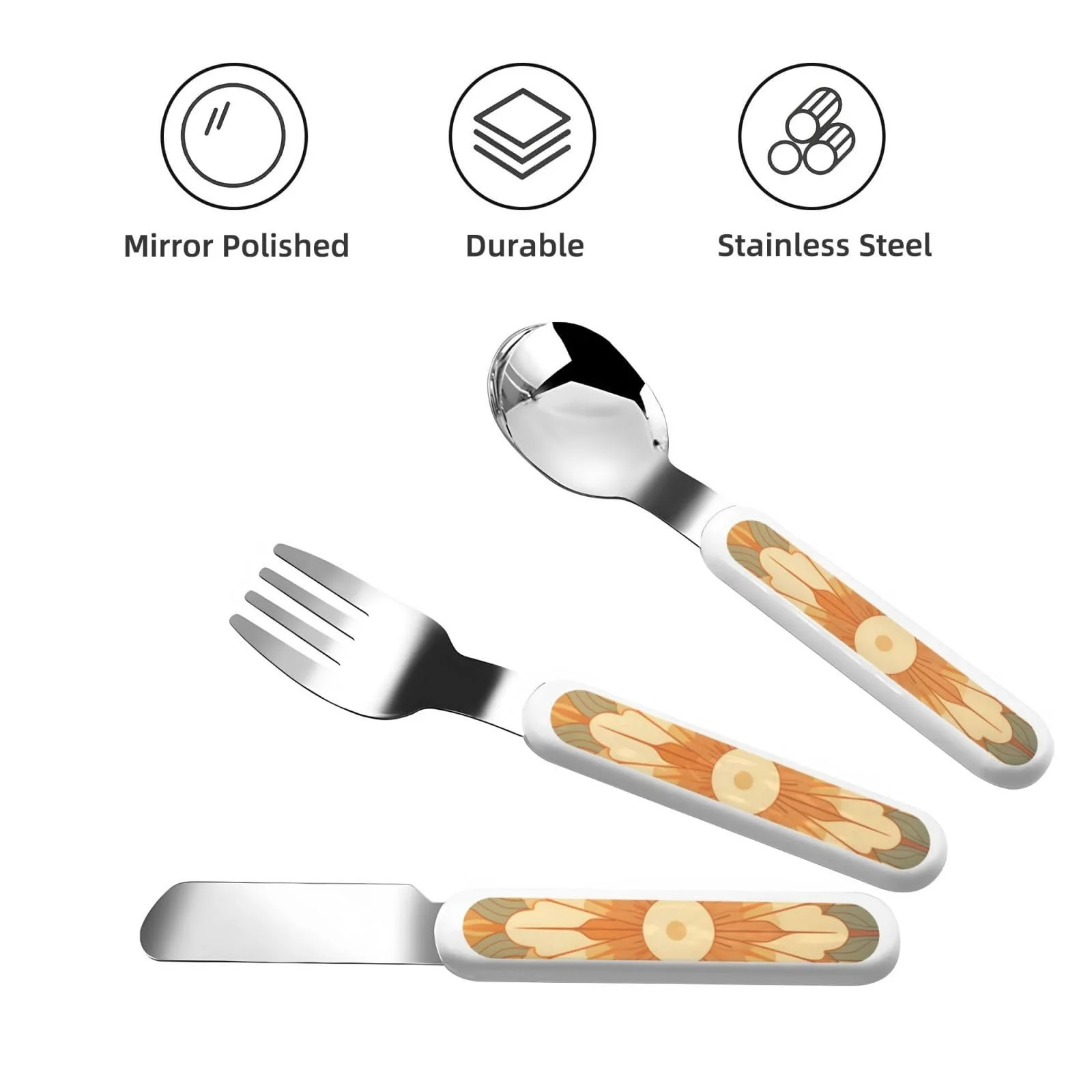 Набір дитячих столових приборів з малюнком соняшників, три предмети, фото №2 Набір дитячих столових приборів з малюнком соняшників, три предмети, фото №2