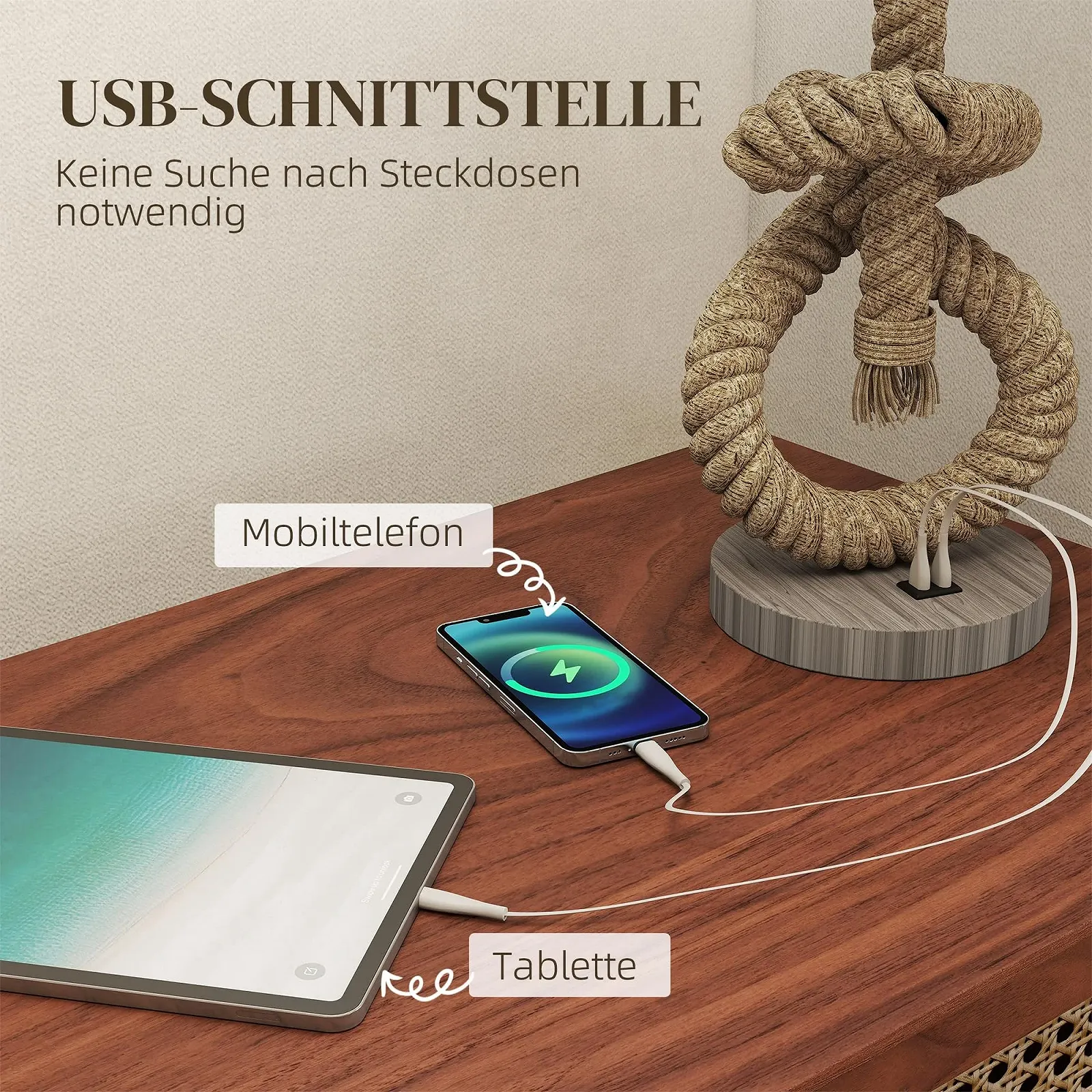 Настільна лампа HOMCOM LED USB E27 Тканинний абажур Кремовий білий, фото №5