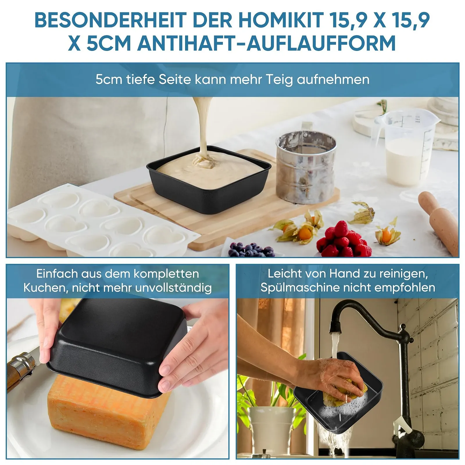 Набор форм для запекания Homikit 15,9 x 15,9 x 5 см 2 шт квадратные нержавеющая сталь антипригарные Черный, фото №6