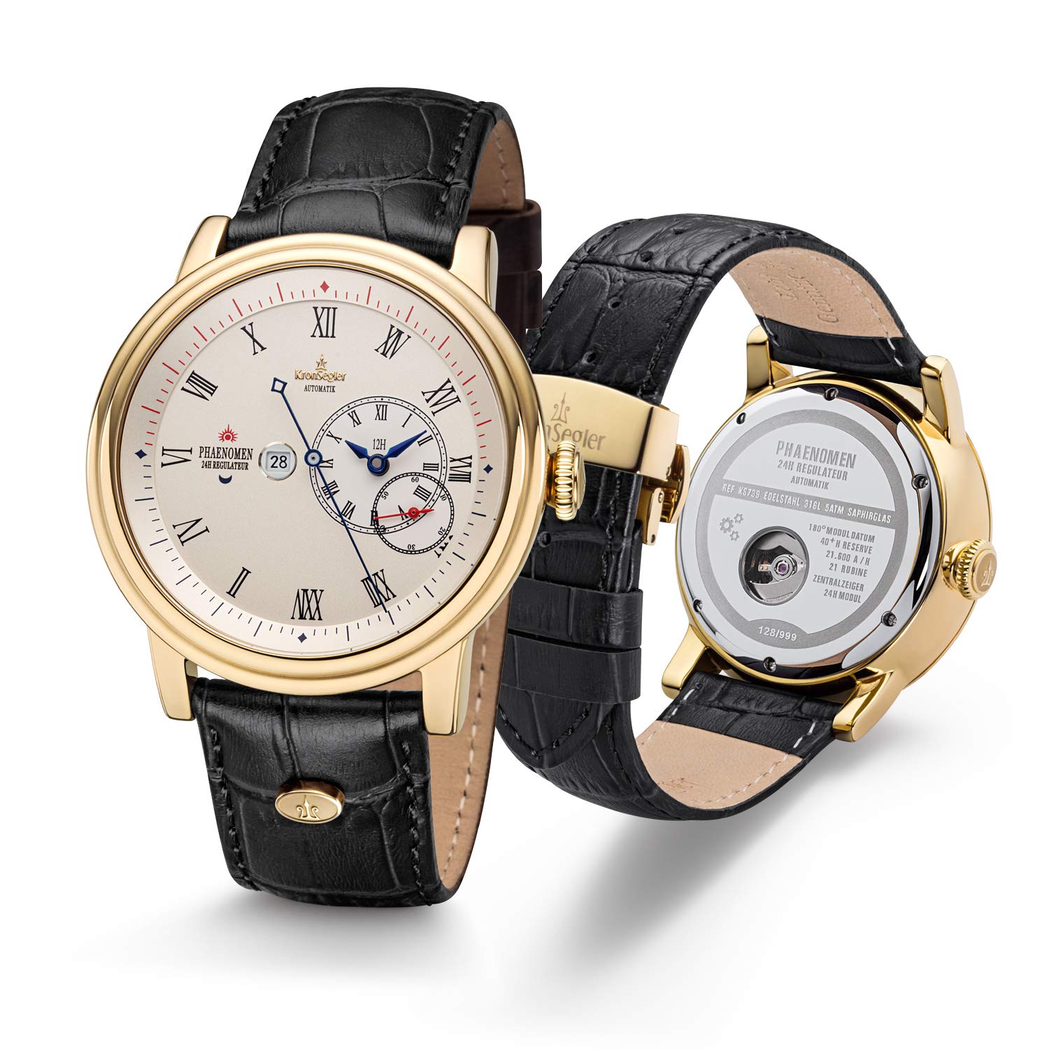 Чоловічий годинник Kronsegler Phaenomen Automatic Regulateur Золото Античний білий Римський, Золото старовинний білий, Ремінець, фото №4